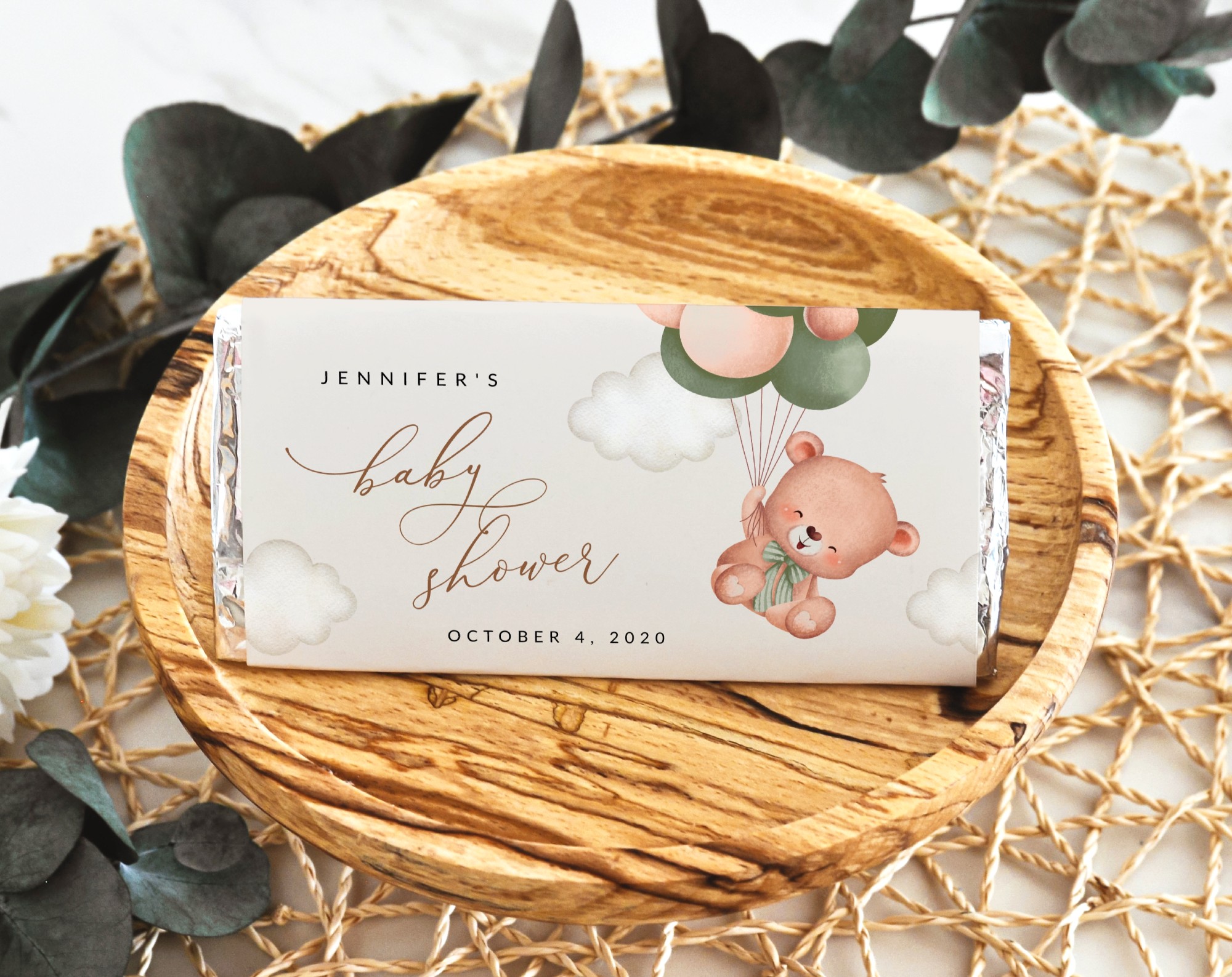 Baby Bear with Green Balloons Chocolate Bar Wrapper, Candy Bar Wrapper, Gender Neutral Baby Shower, Printable File, Edit Yourself, SH60