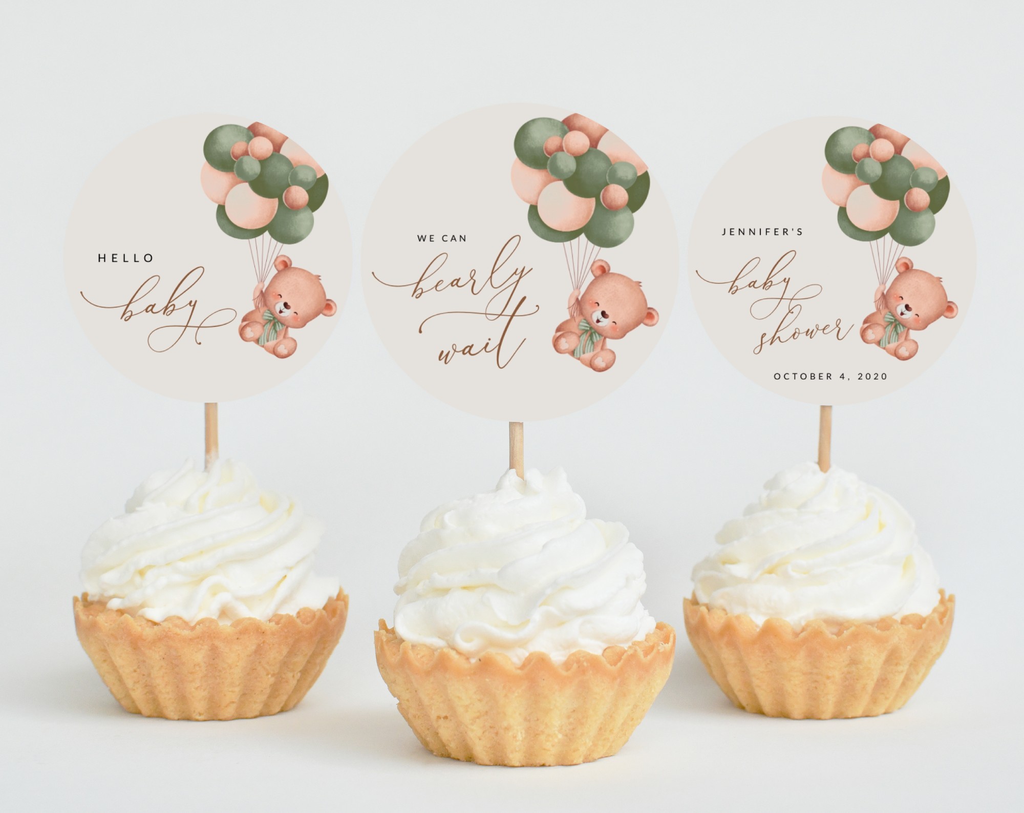 Baby Bear with Green Balloons Cupcake Toppers, Baby Shower Decoration, Gender Neutral Baby Shower, Printable File, Edit Yourself, SH60