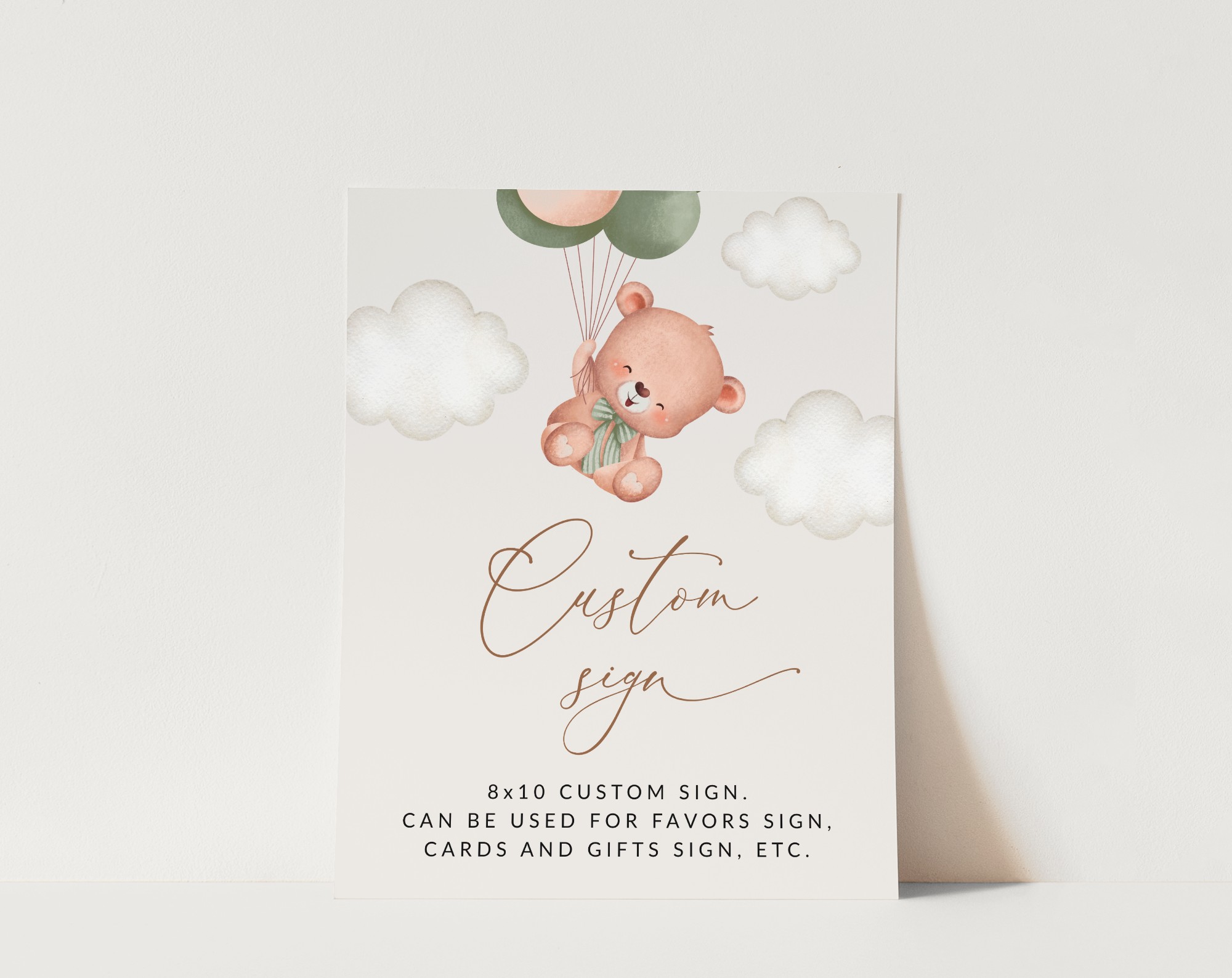 Baby Bear with Green Balloons Custom Sign, Baby Shower Sign, Gender Neutral Baby Shower, Printable File, Edit Yourself, SH60