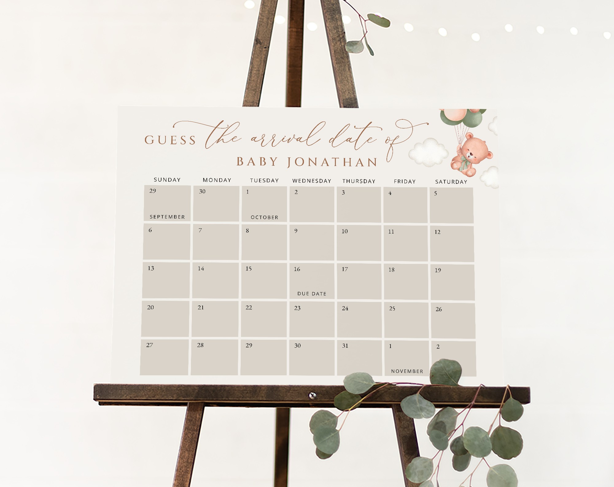 Baby Bear with Green Balloons Guess the Due Date, Baby Shower Game, Gender Neutral Baby Shower, Printable File, Edit Yourself, SH60 Baby Bear with Green Balloons Guess the Due Date, Baby Shower Game, Gender Neutral Baby Shower, Printable File, Edit Yourself, SH60