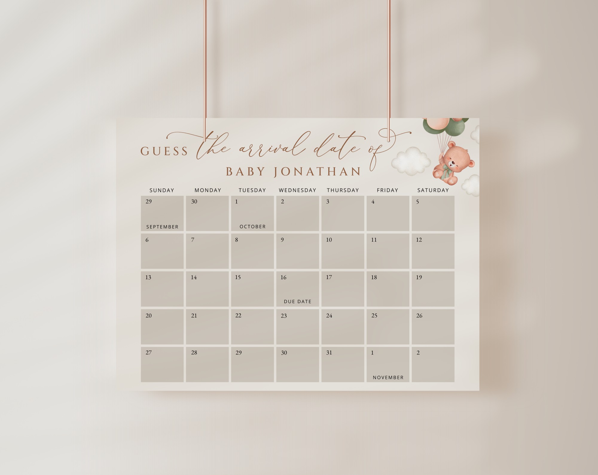 Baby Bear with Green Balloons Guess the Due Date, Baby Shower Game, Gender Neutral Baby Shower, Printable File, Edit Yourself, SH60 Baby Bear with Green Balloons Guess the Due Date, Baby Shower Game, Gender Neutral Baby Shower, Printable File, Edit Yourself, SH60