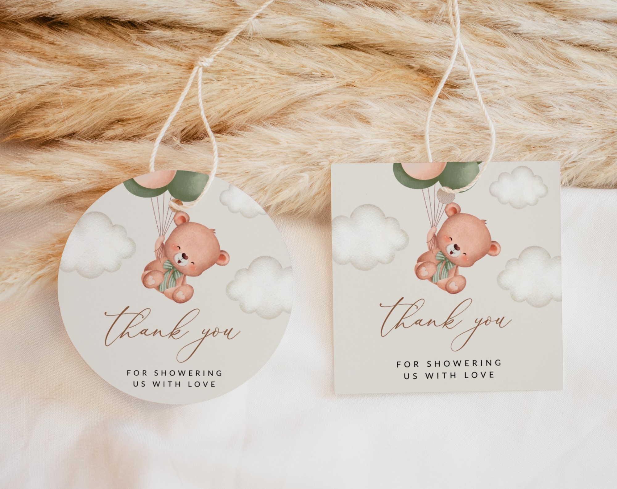 Baby Bear with Green Balloons Favor Tags, Gift Tags, Gender Neutral Baby Shower, Printable File, Edit Yourself, SH60