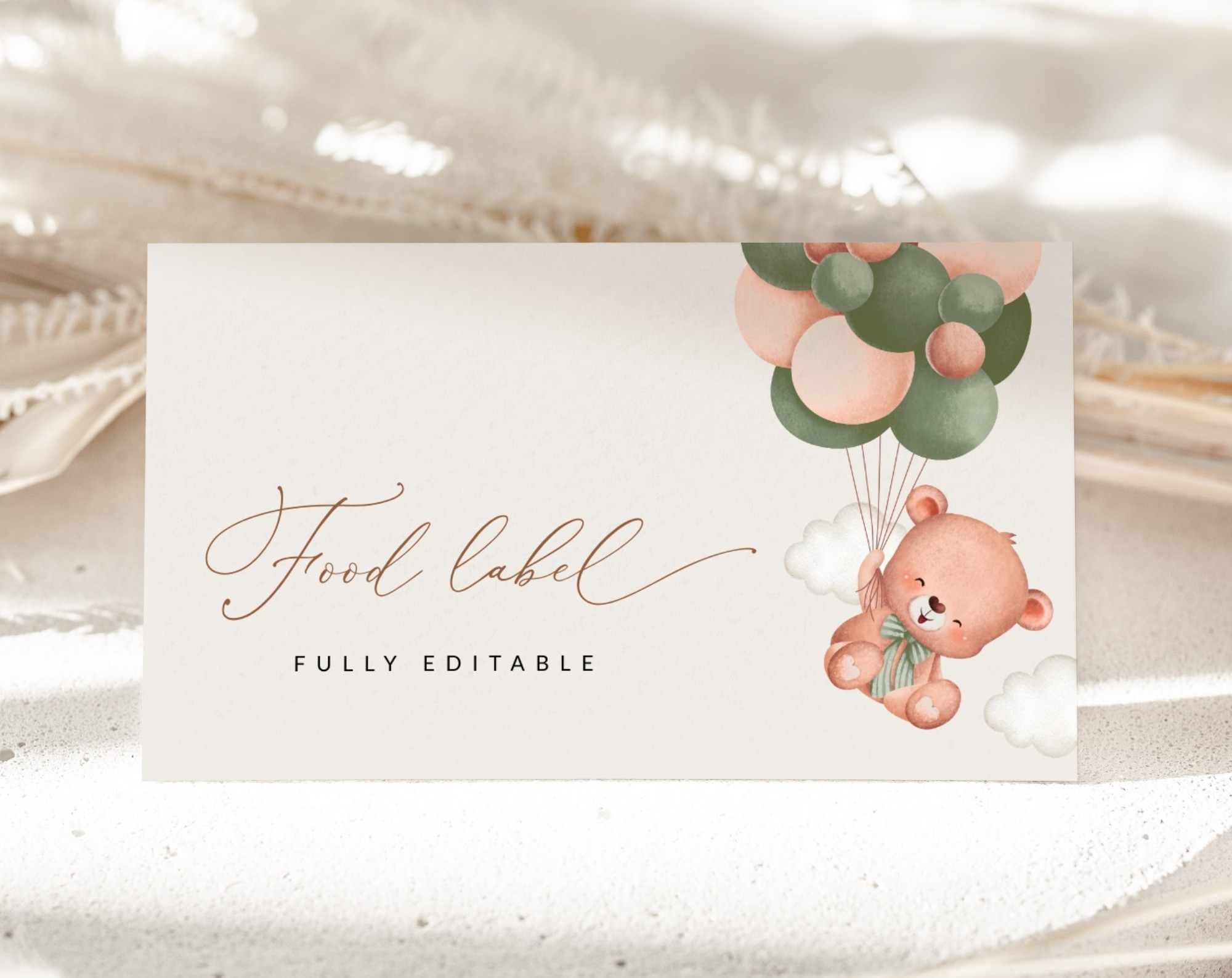 Baby Bear with Green Balloons Food Label, Baby Shower Decoration, Gender Neutral Baby Shower, Printable File, Edit Yourself, SH60