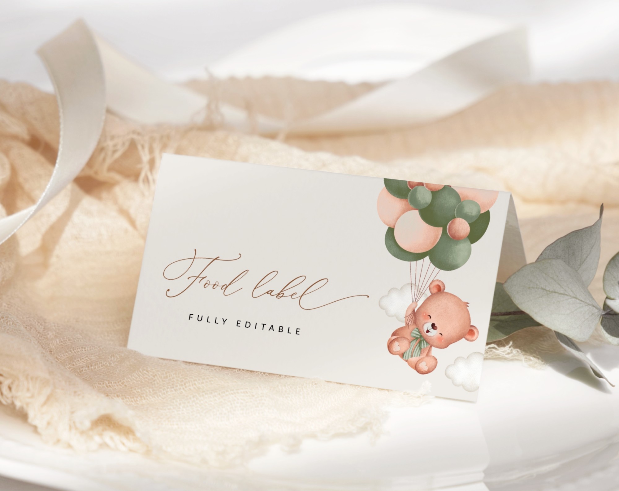 Baby Bear with Green Balloons Food Label, Baby Shower Decoration, Gender Neutral Baby Shower, Printable File, Edit Yourself, SH60 Baby Bear with Green Balloons Food Label, Baby Shower Decoration, Gender Neutral Baby Shower, Printable File, Edit Yourself, SH60