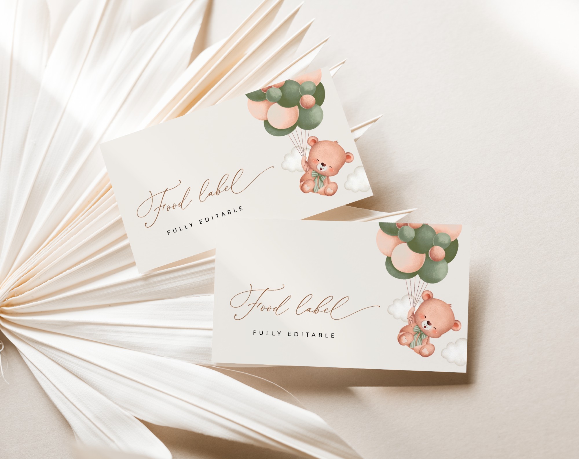 Baby Bear with Green Balloons Food Label, Baby Shower Decoration, Gender Neutral Baby Shower, Printable File, Edit Yourself, SH60