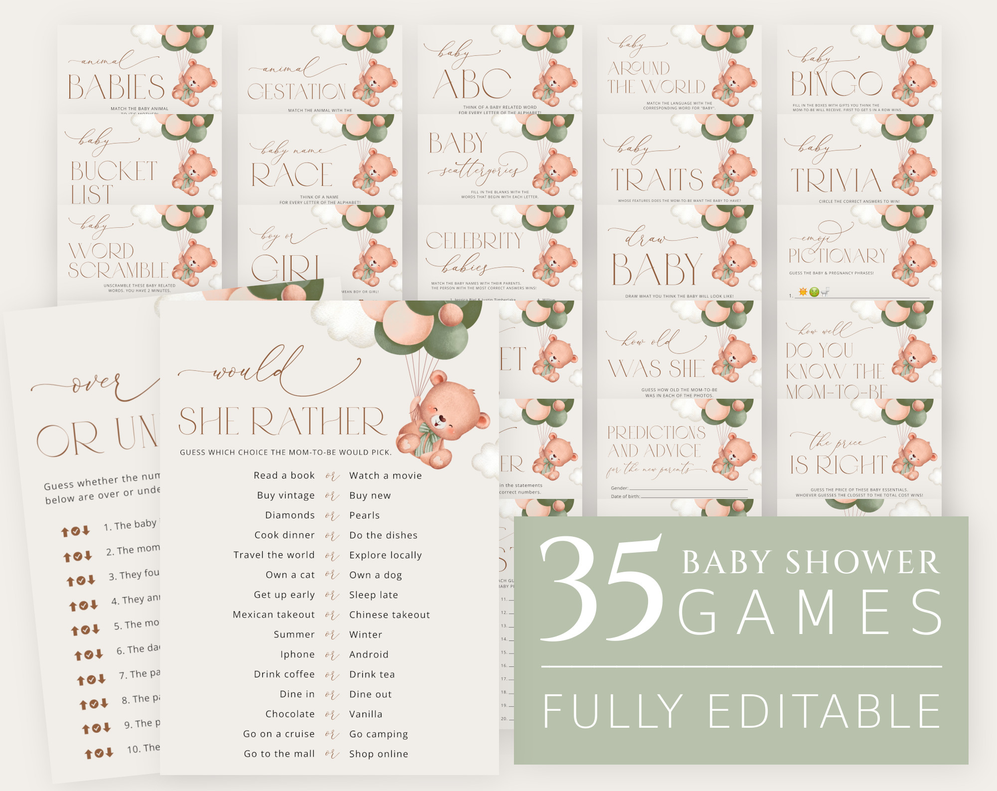 Baby Bear with Green Balloons Baby Shower Games Bundle, Set of 35 Games, Gender Neutral Baby Shower, Printable File, Edit Yourself, SH60 Baby Bear with Green Balloons Baby Shower Games Bundle, Set of 35 Games, Gender Neutral Baby Shower, Printable File, Edit Yourself, SH60