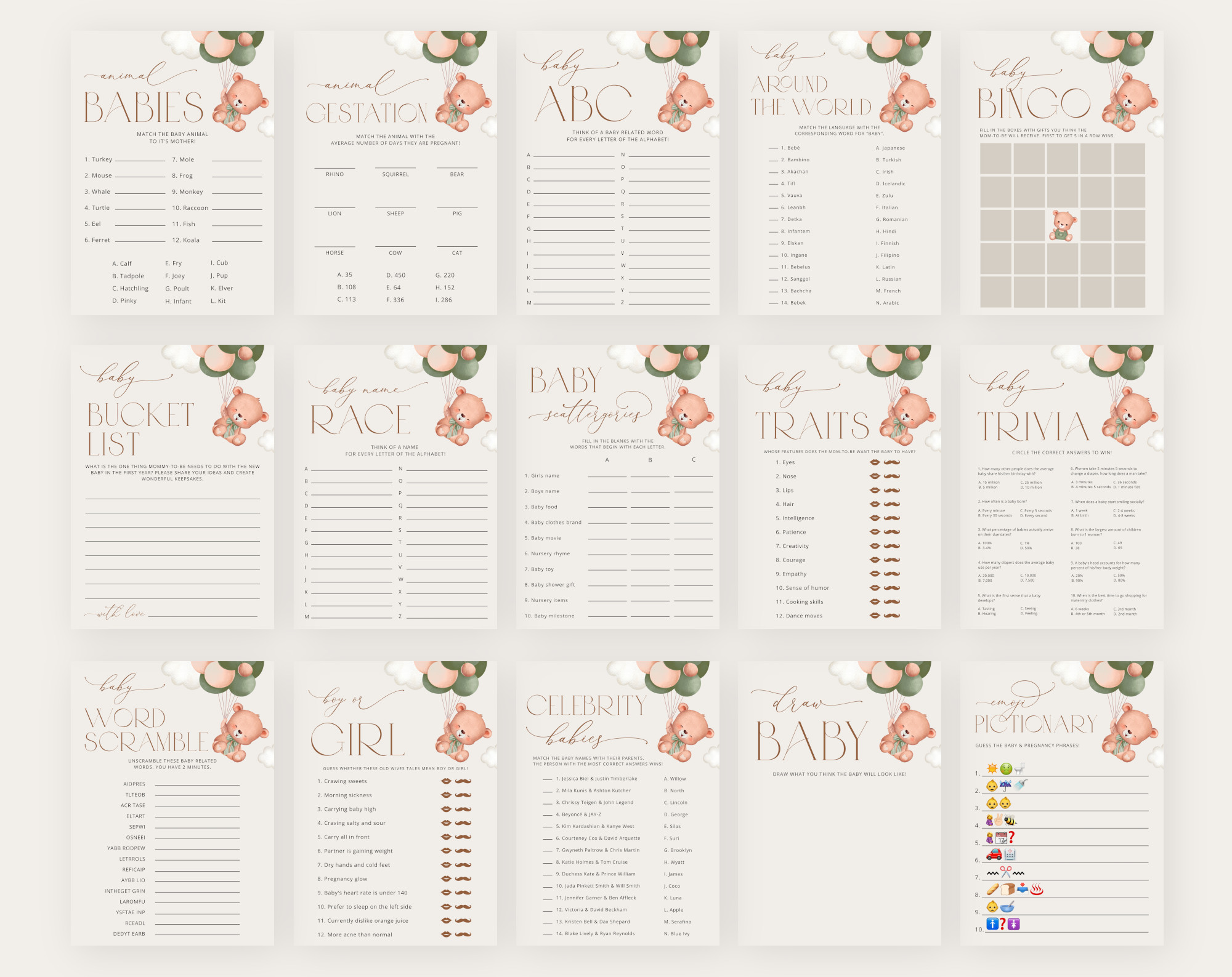 Baby Bear with Green Balloons Baby Shower Games Bundle, Set of 35 Games, Gender Neutral Baby Shower, Printable File, Edit Yourself, SH60 Baby Bear with Green Balloons Baby Shower Games Bundle, Set of 35 Games, Gender Neutral Baby Shower, Printable File, Edit Yourself, SH60