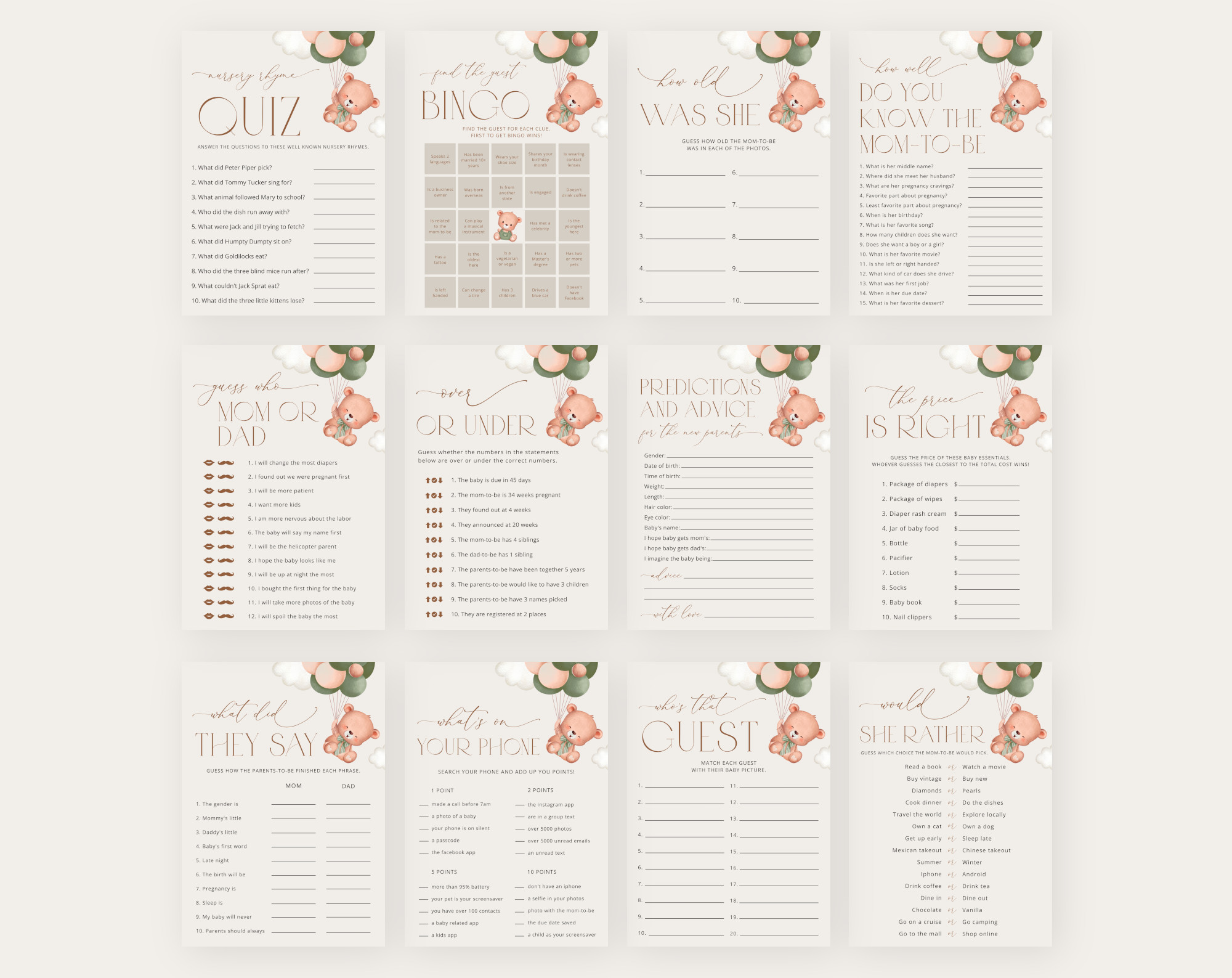 Baby Bear with Green Balloons Baby Shower Games Bundle, Set of 35 Games, Gender Neutral Baby Shower, Printable File, Edit Yourself, SH60 Baby Bear with Green Balloons Baby Shower Games Bundle, Set of 35 Games, Gender Neutral Baby Shower, Printable File, Edit Yourself, SH60