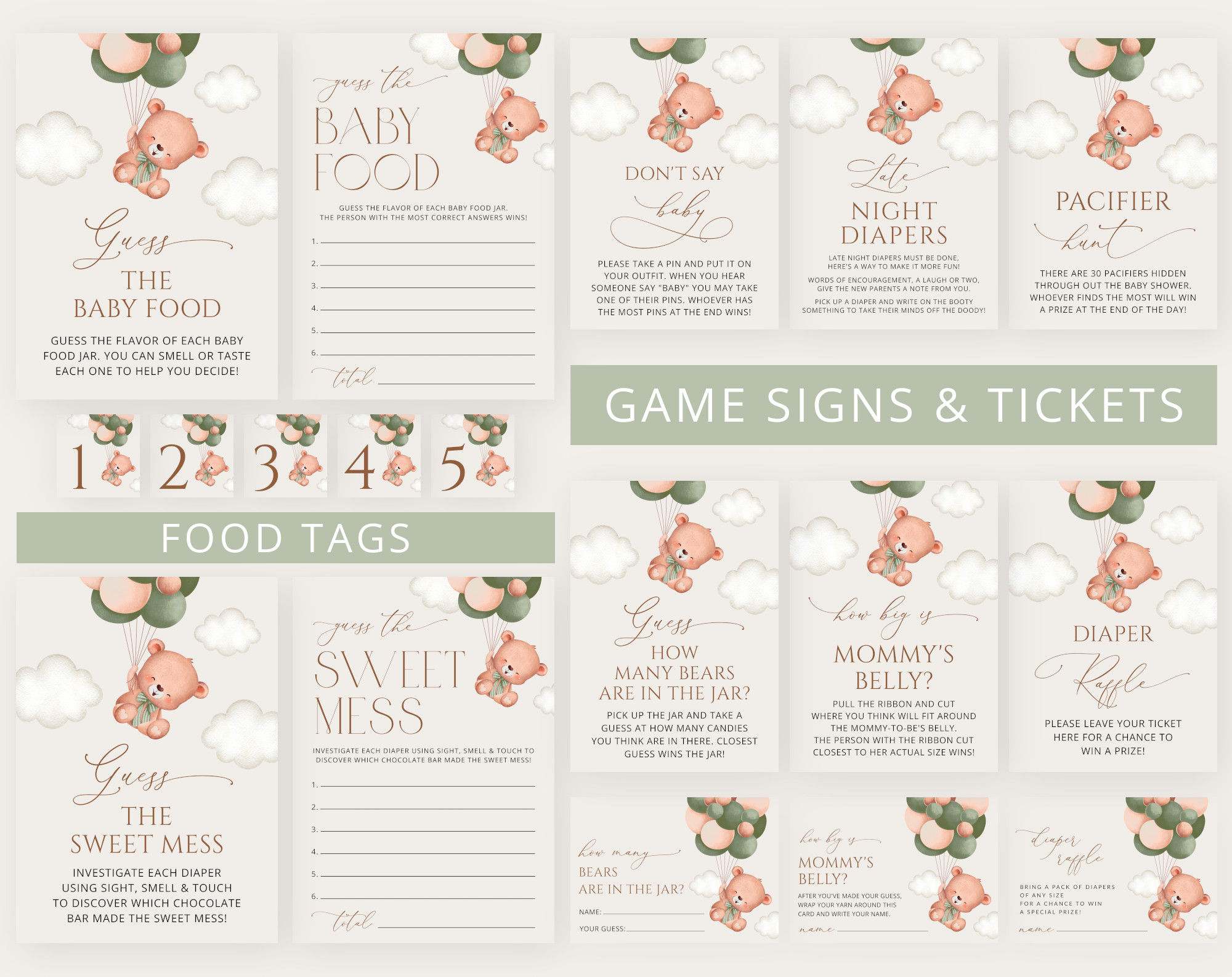 Baby Bear with Green Balloons Baby Shower Games Bundle, Set of 35 Games, Gender Neutral Baby Shower, Printable File, Edit Yourself, SH60 Baby Bear with Green Balloons Baby Shower Games Bundle, Set of 35 Games, Gender Neutral Baby Shower, Printable File, Edit Yourself, SH60