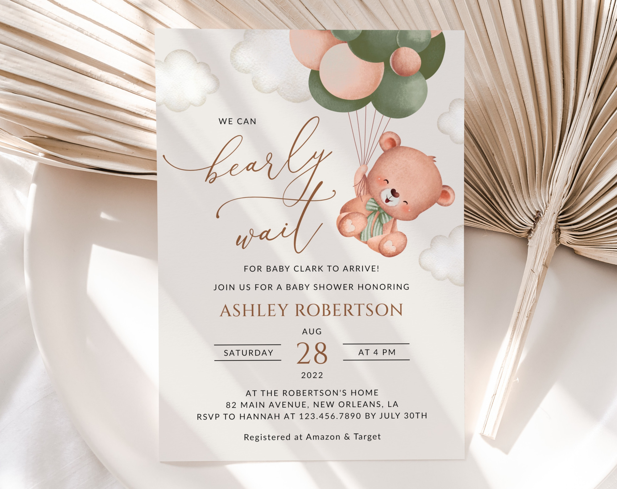 Baby Bear with Green Balloons Baby Shower Invitation, Gender Neutral Baby Shower, Printable File, Edit Yourself, SH60 Baby Bear with Green Balloons Baby Shower Invitation, Gender Neutral Baby Shower, Printable File, Edit Yourself, SH60