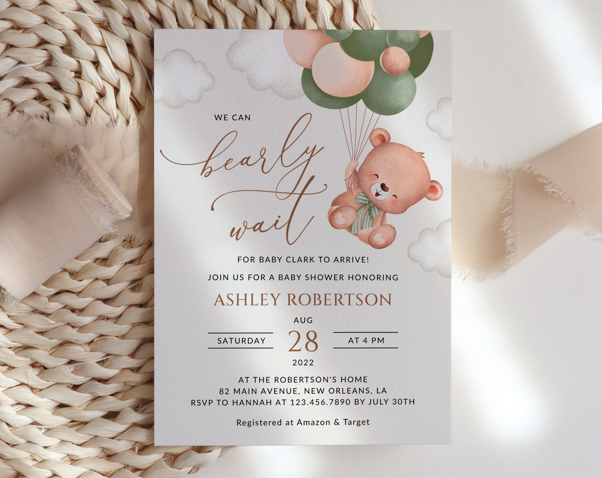 Baby Bear with Green Balloons Baby Shower Invitation, Gender Neutral Baby Shower, Printable File, Edit Yourself, SH60
