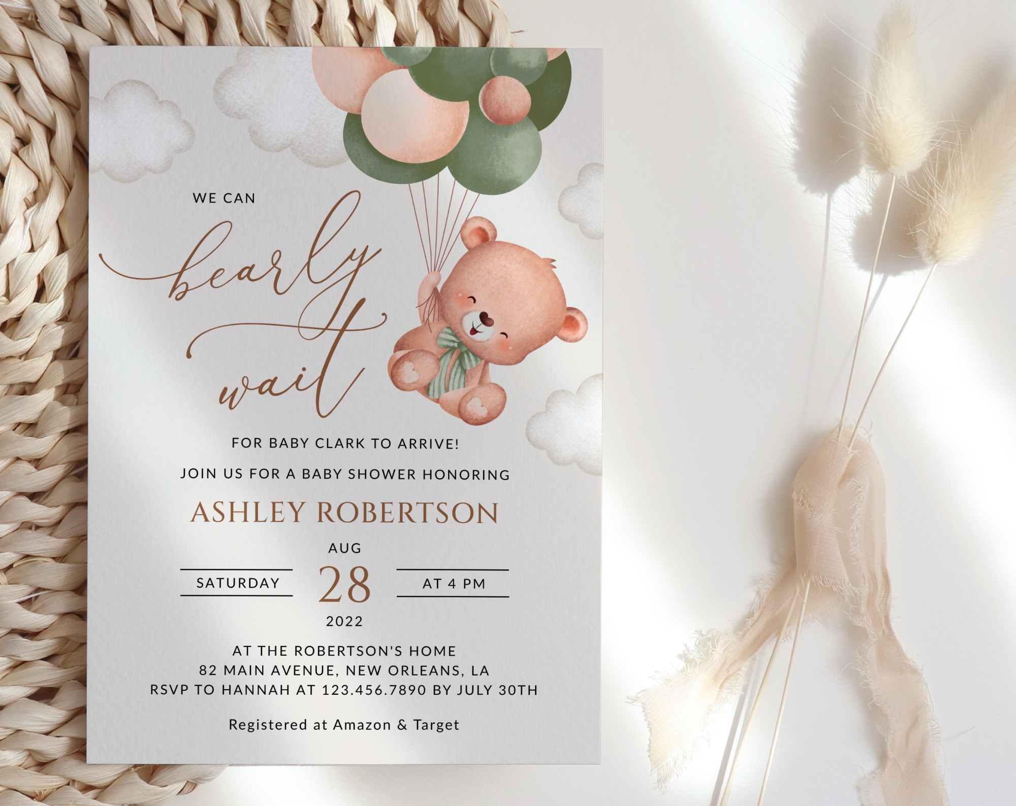 Baby Bear with Green Balloons Baby Shower Invitation, Gender Neutral Baby Shower, Printable File, Edit Yourself, SH60