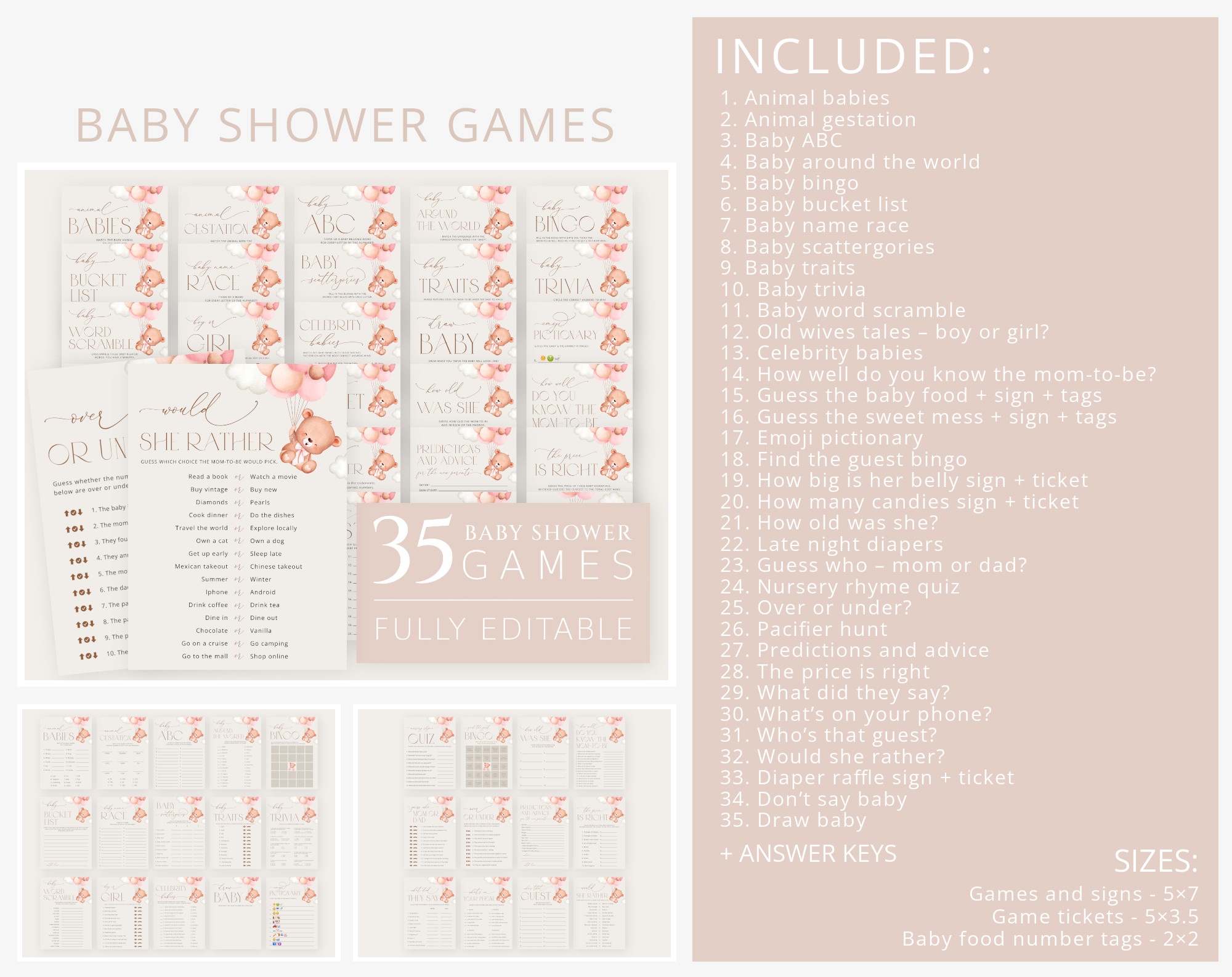 Baby Bear with Pink Balloons Baby Shower Bundle, Girl Baby Shower, Printable File, Edit Yourself, SH58