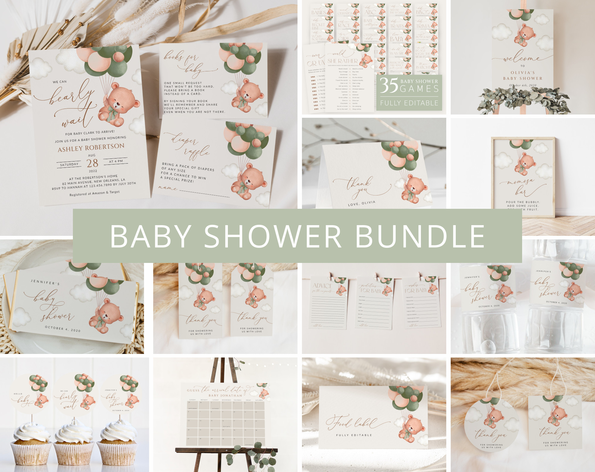 Baby Bear with Green Balloons Baby Shower Bundle, Gender Neutral Baby Shower, Printable File, Edit Yourself, SH60 Baby Bear with Green Balloons Baby Shower Bundle, Gender Neutral Baby Shower, Printable File, Edit Yourself, SH60