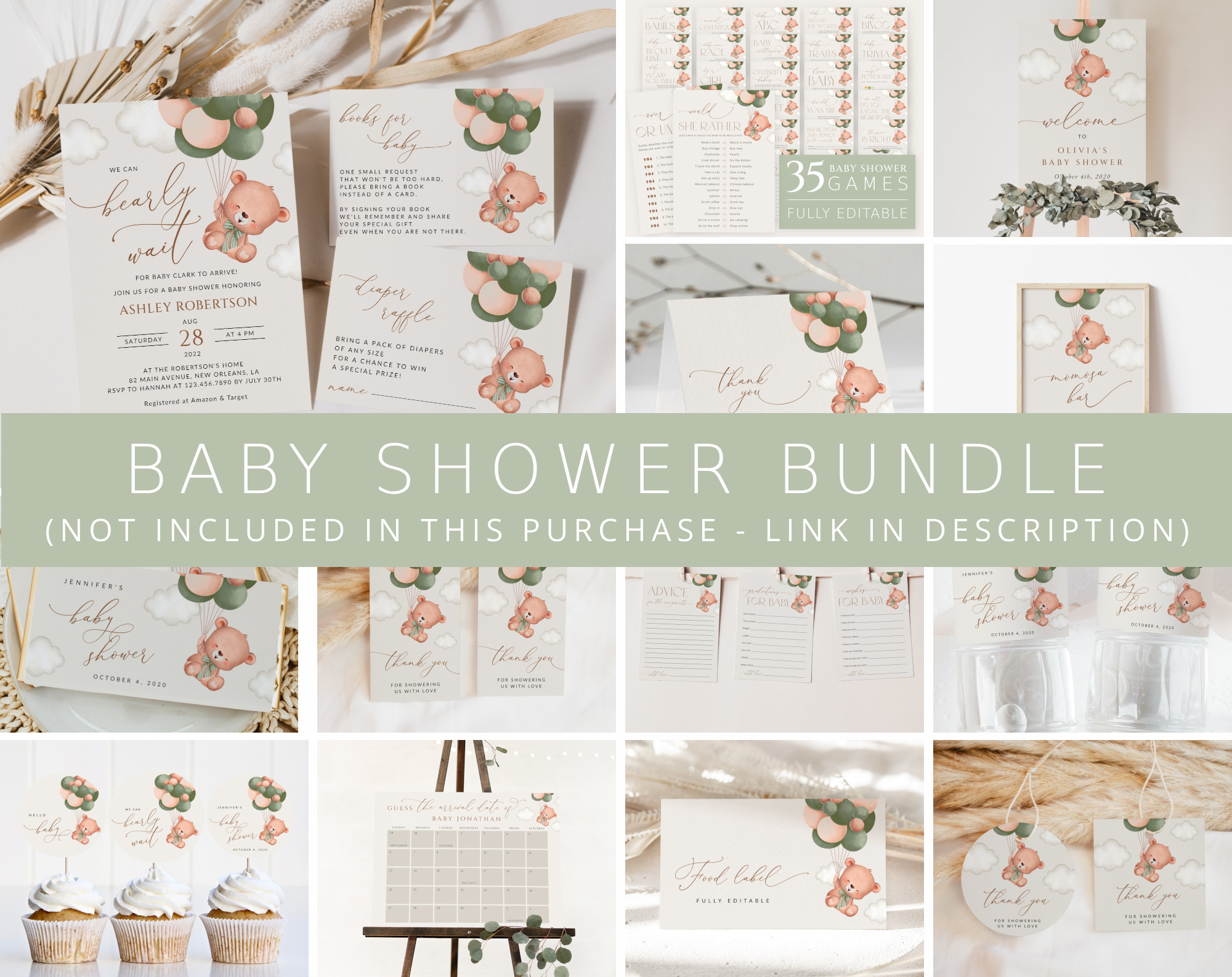 Baby Bear with Green Balloons Baby Shower Bundle, Gender Neutral Baby Shower, Printable File, Edit Yourself, SH60