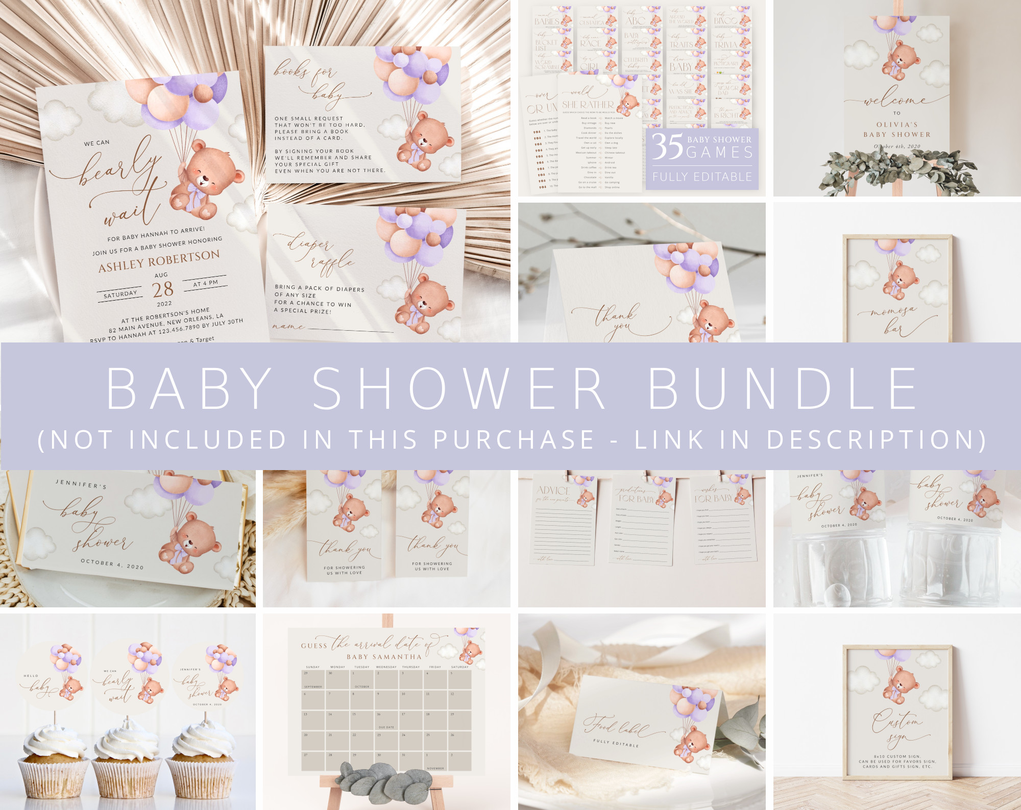 Baby Bear with Purple Balloons Baby Shower Bundle, Girl Baby Shower, Printable File, Edit Yourself, SH61