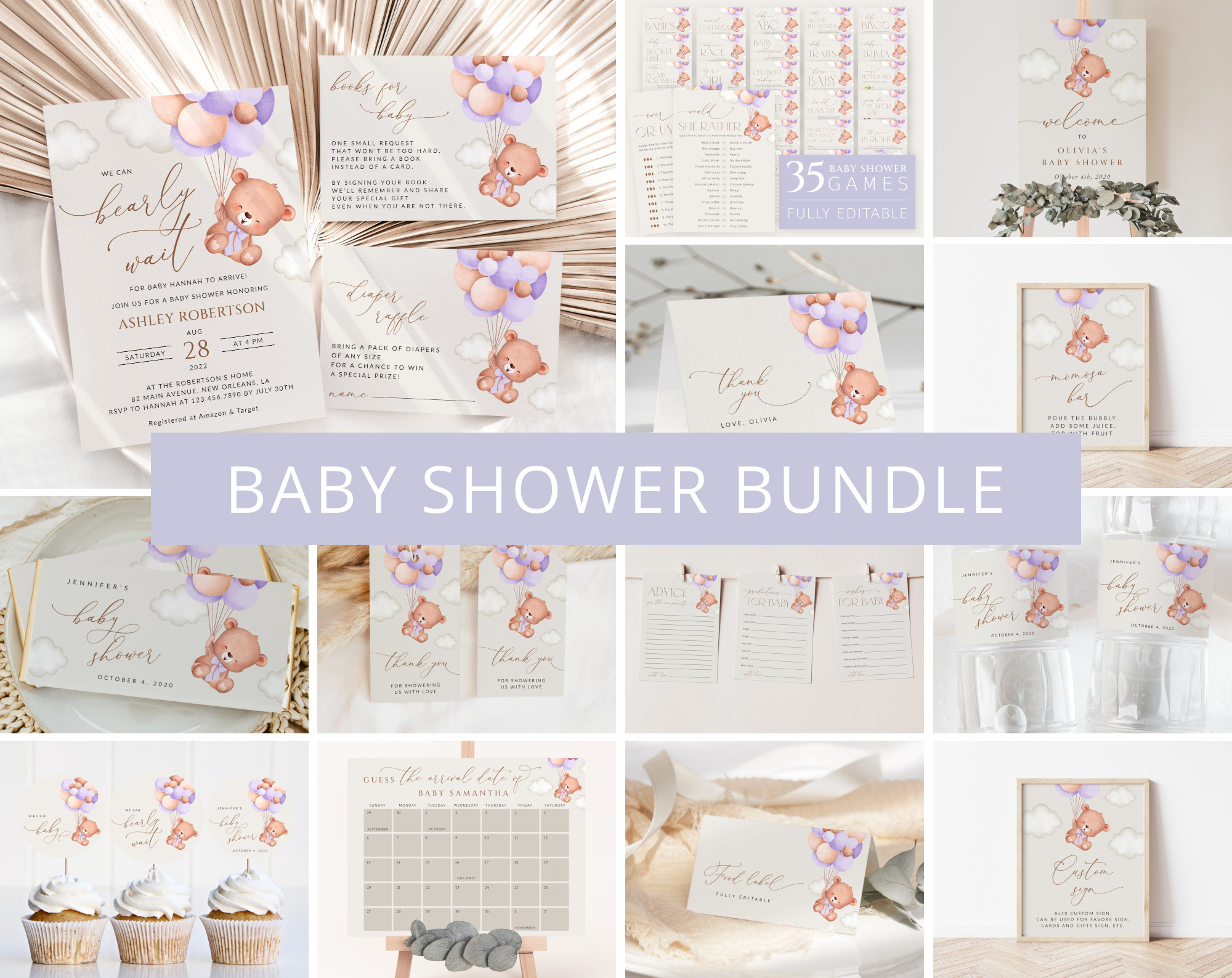 Baby Bear with Purple Balloons Baby Shower Bundle, Girl Baby Shower, Printable File, Edit Yourself, SH61 Baby Bear with Purple Balloons Baby Shower Bundle, Girl Baby Shower, Printable File, Edit Yourself, SH61