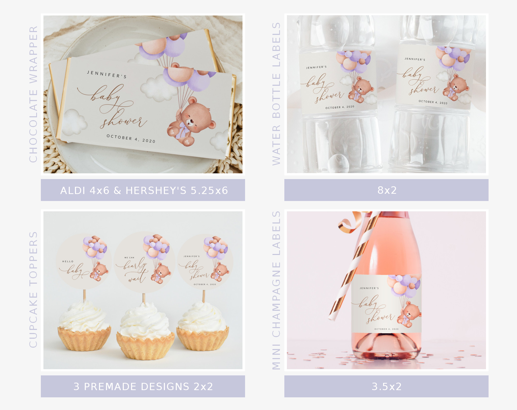 Baby Bear with Purple Balloons Baby Shower Bundle, Girl Baby Shower, Printable File, Edit Yourself, SH61