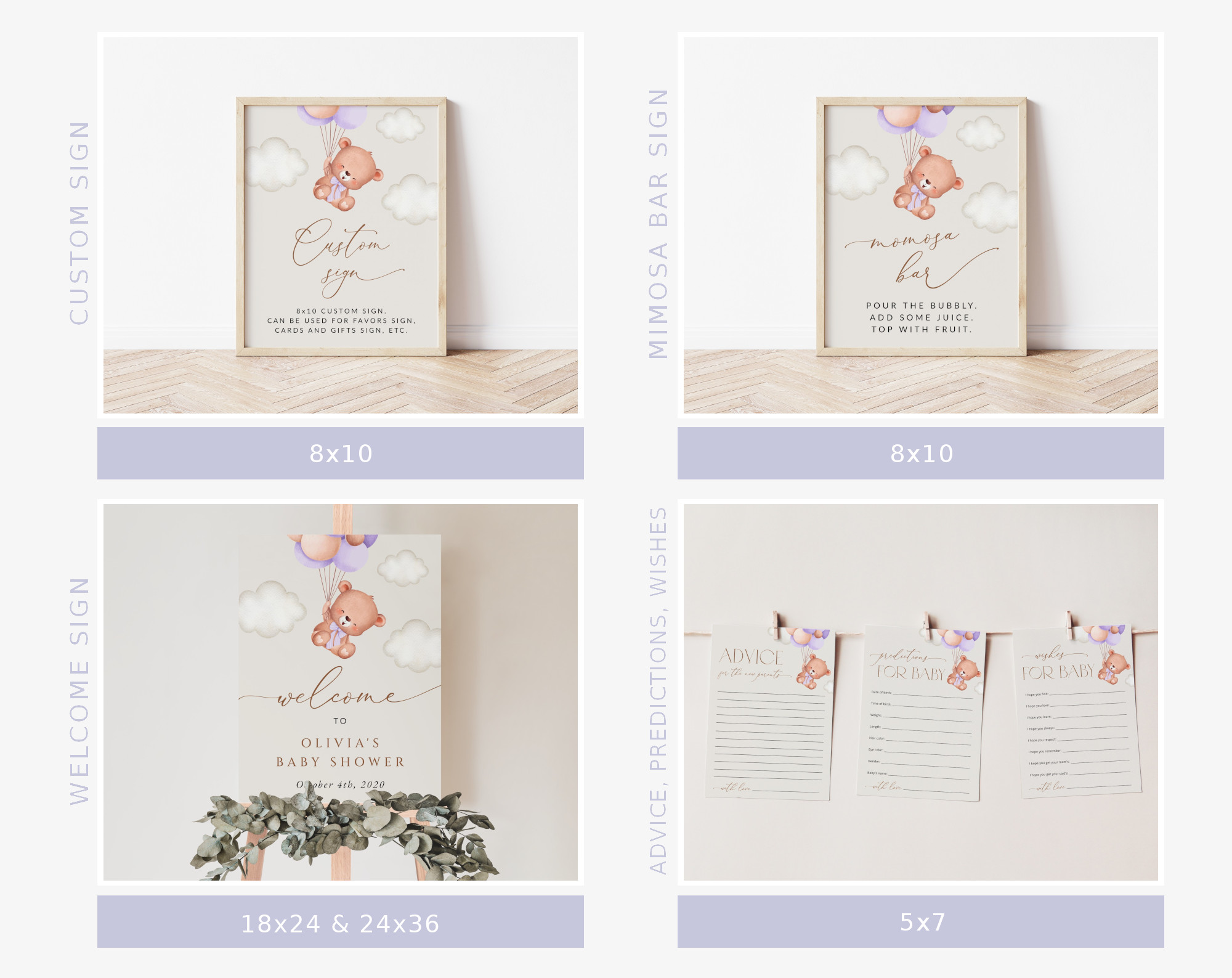 Baby Bear with Purple Balloons Baby Shower Bundle, Girl Baby Shower, Printable File, Edit Yourself, SH61