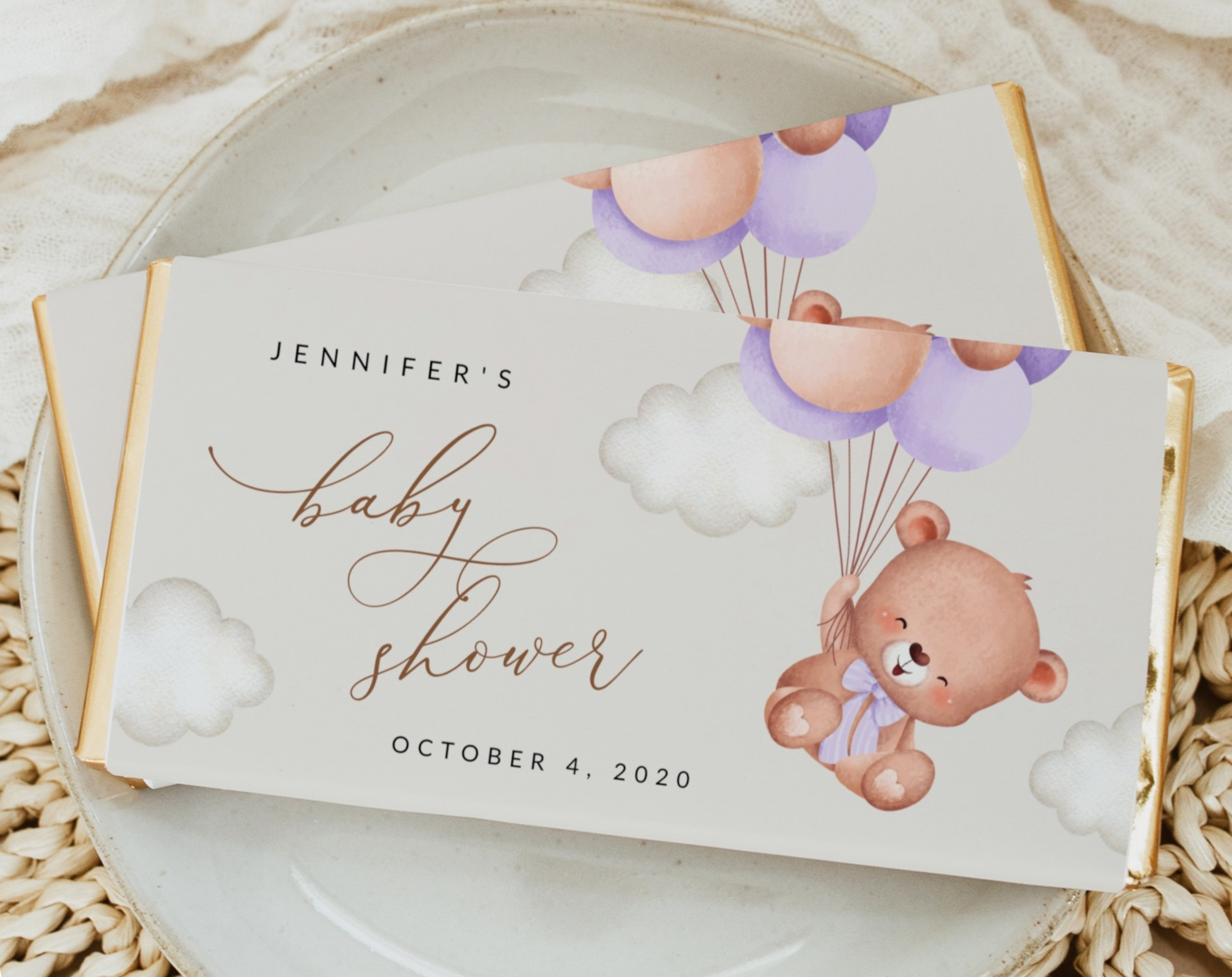 Baby Bear with Purple Balloons Chocolate Bar Wrapper, Candy Bar Wrapper, Girl Baby Shower, Printable File, Edit Yourself, SH61