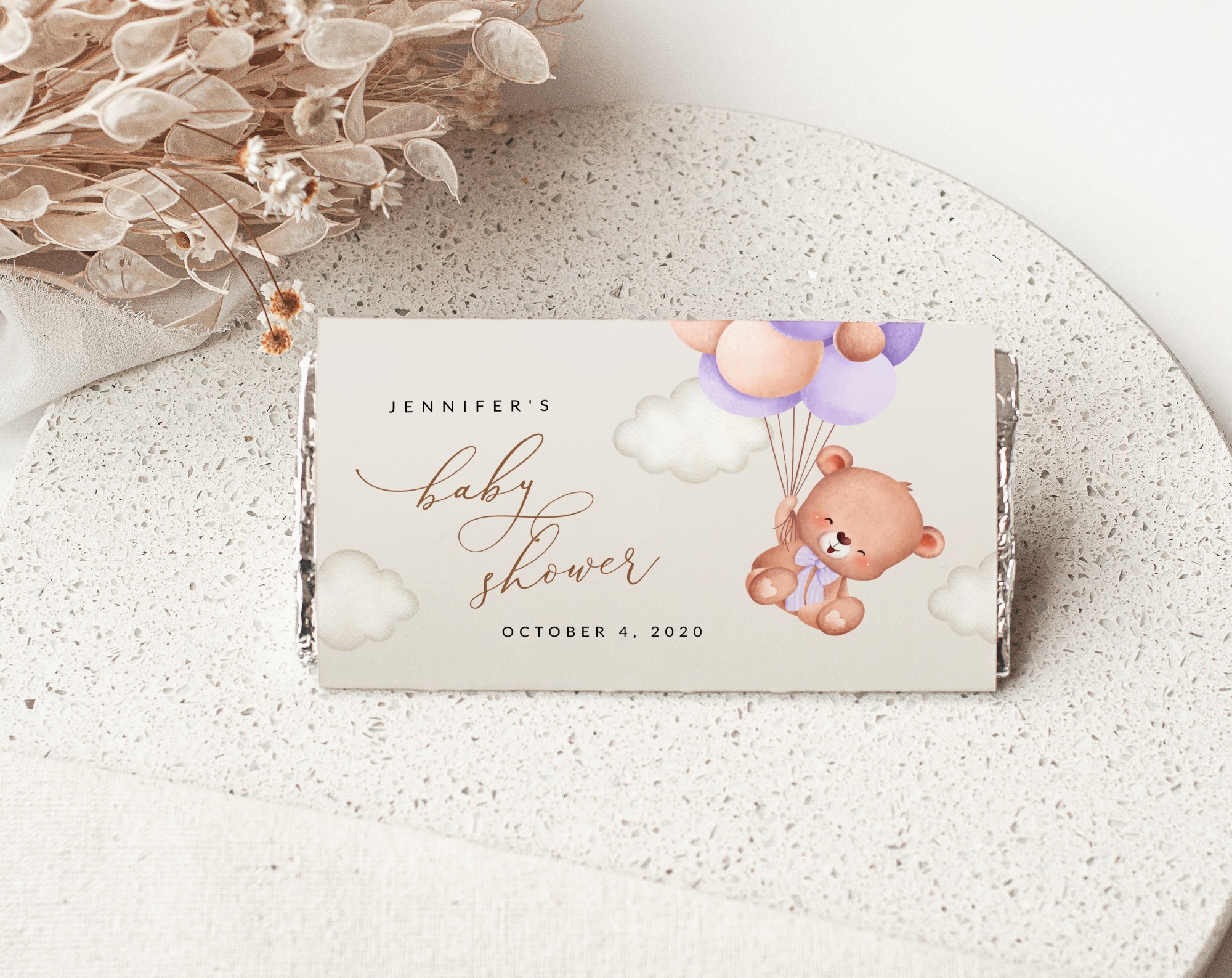 Baby Bear with Purple Balloons Chocolate Bar Wrapper, Candy Bar Wrapper, Girl Baby Shower, Printable File, Edit Yourself, SH61