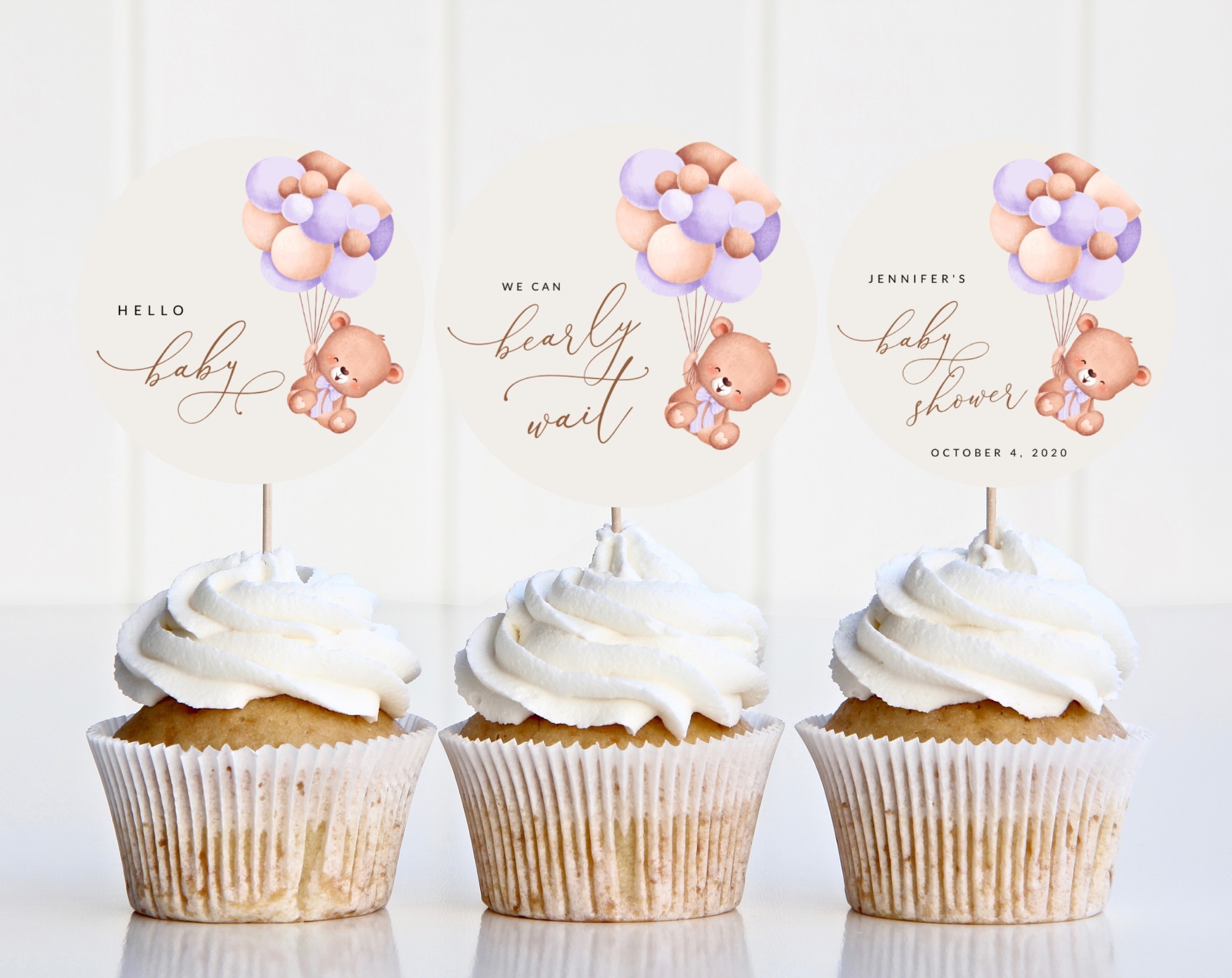 Baby Bear with Purple Balloons Cupcake Toppers, Baby Shower Decoration, Girl Baby Shower, Printable File, Edit Yourself, SH61 Baby Bear with Purple Balloons Cupcake Toppers, Baby Shower Decoration, Girl Baby Shower, Printable File, Edit Yourself, SH61