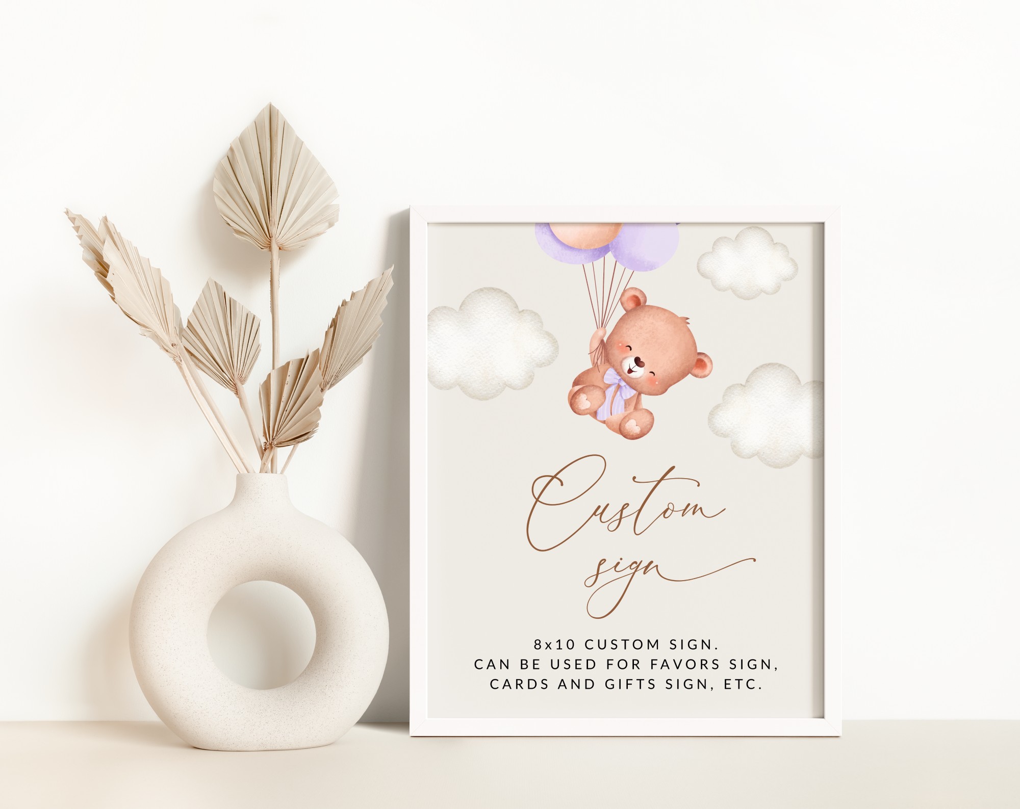 Baby Bear with Purple Balloons Custom Sign, Printable File, Edit Yourself, SH61 SH75