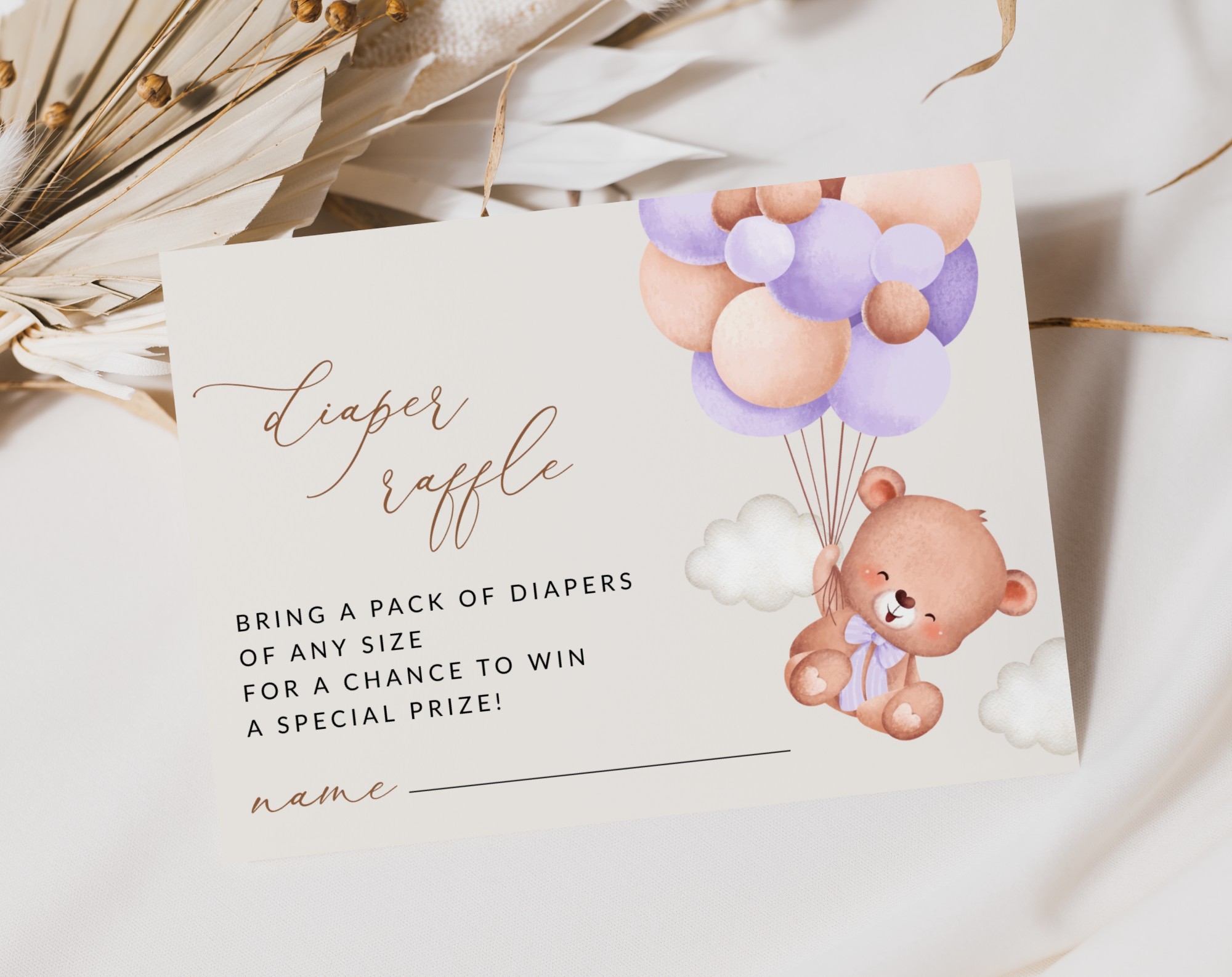 Baby Bear with Purple Balloons Baby Shower Invitation Suite, Girl Baby Shower, Printable File, Edit Yourself, SH61