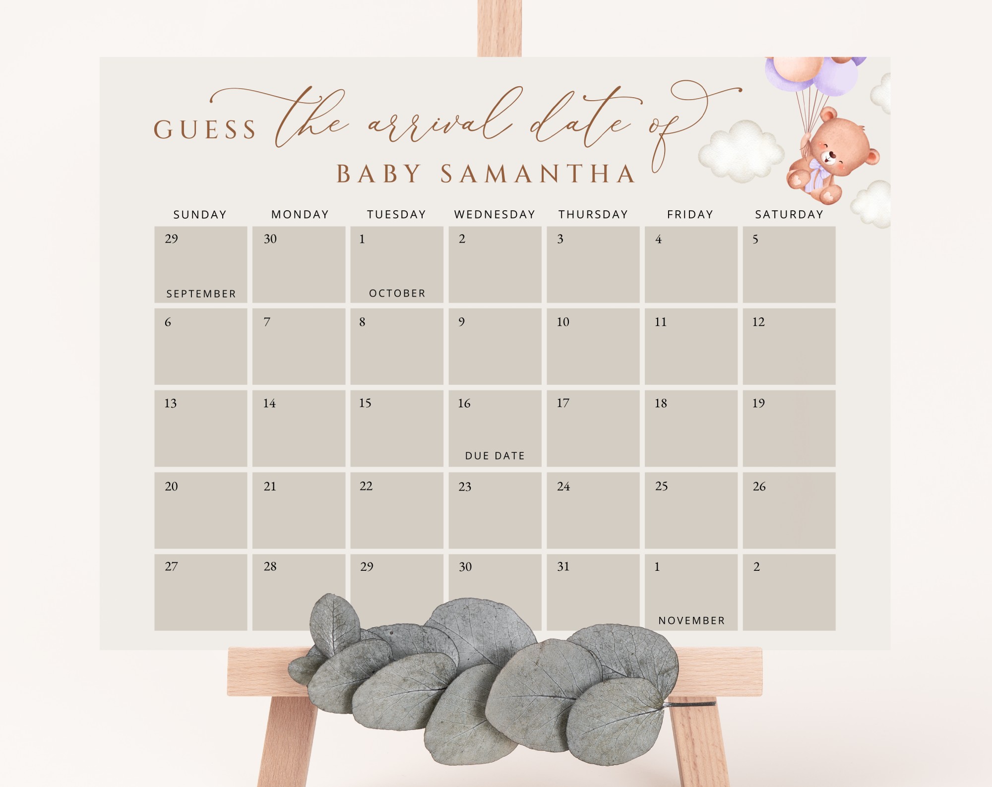 Baby Bear with Purple Balloons Guess the Due Date, Baby Shower Game, Girl Baby Shower, Printable File, Edit Yourself, SH61 Baby Bear with Purple Balloons Guess the Due Date, Baby Shower Game, Girl Baby Shower, Printable File, Edit Yourself, SH61
