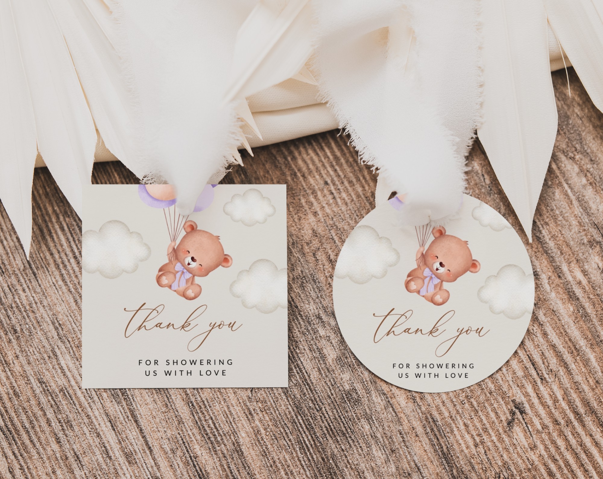 Baby Bear with Purple Balloons Favor Tags, Gift Tags, Party Tags, Girl Baby Shower, Printable File, Edit Yourself, SH61