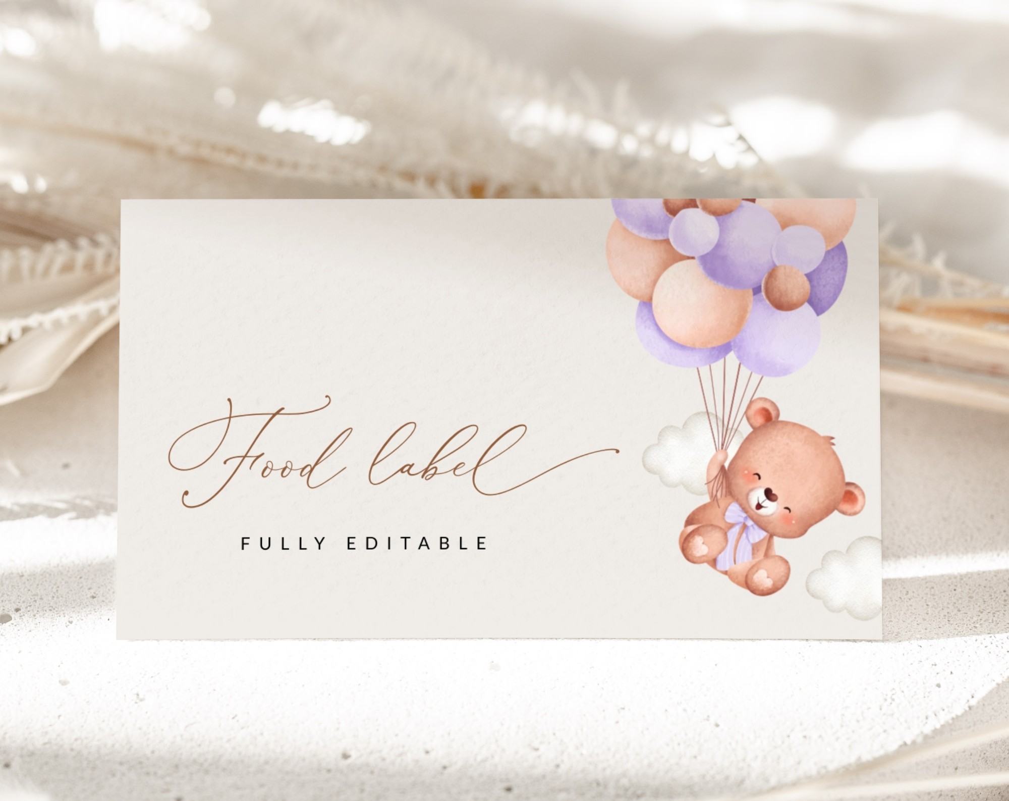 Baby Bear with Purple Balloons Food Label, Baby Shower Decoration, Girl Baby Shower, Printable File, Edit Yourself, SH61