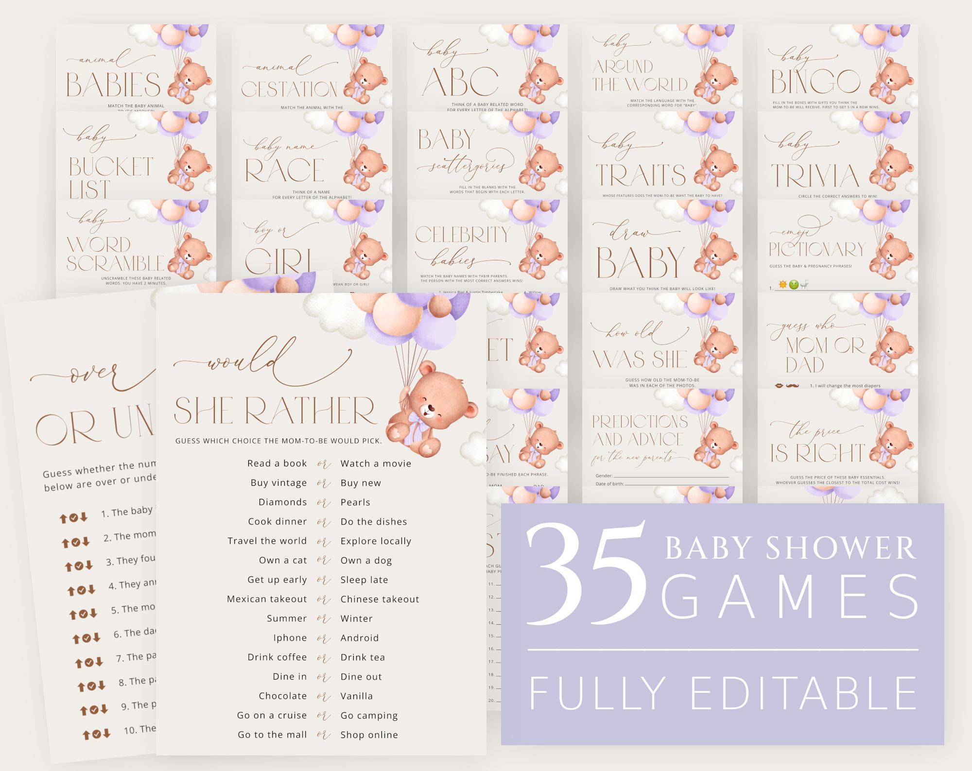 Baby Bear with Purple Balloons Baby Shower Games Bundle, Set of 35 Games, Girl Baby Shower, Printable File, Edit Yourself, SH61 Baby Bear with Purple Balloons Baby Shower Games Bundle, Set of 35 Games, Girl Baby Shower, Printable File, Edit Yourself, SH61