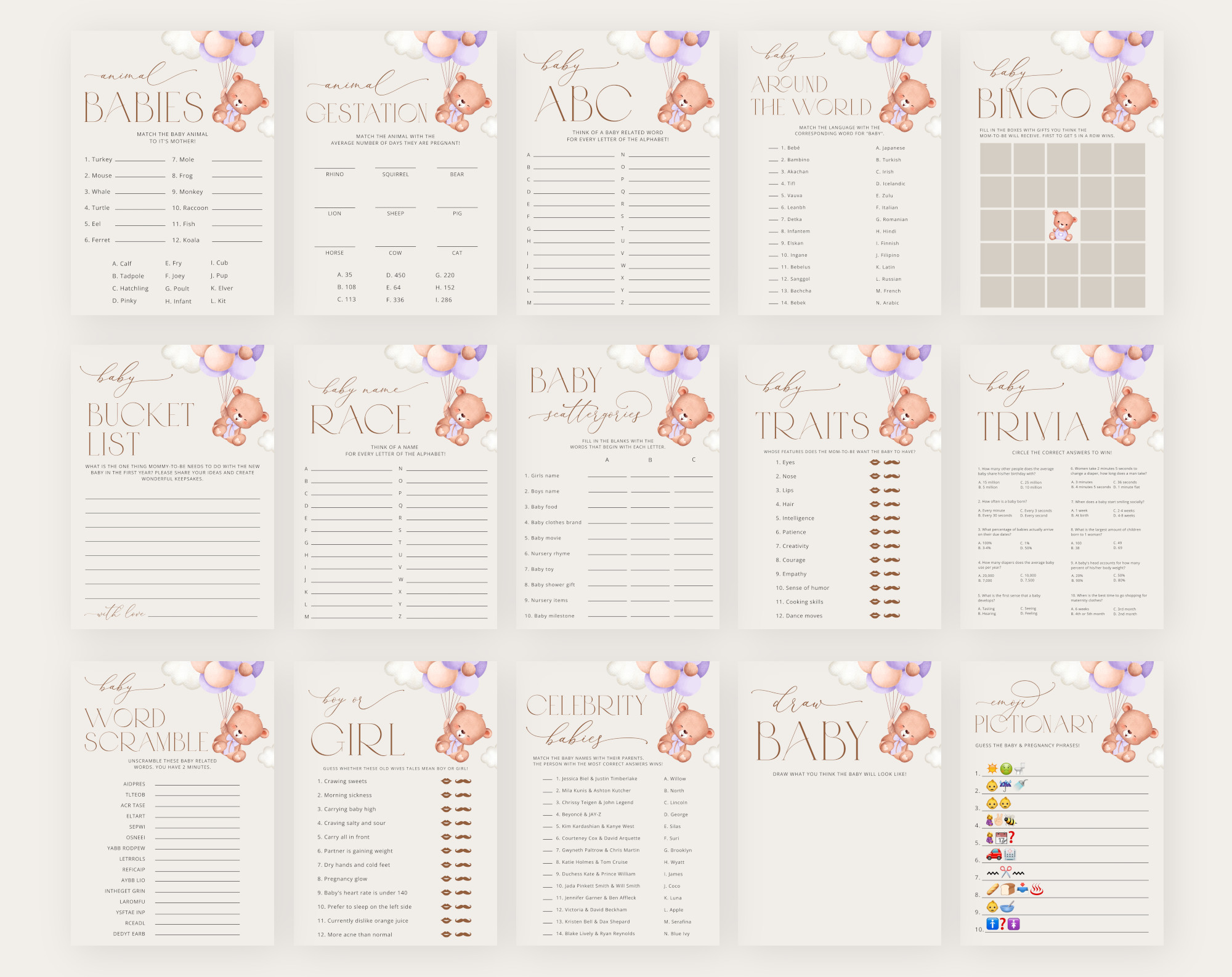 Baby Bear with Purple Balloons Baby Shower Games Bundle, Set of 35 Games, Girl Baby Shower, Printable File, Edit Yourself, SH61