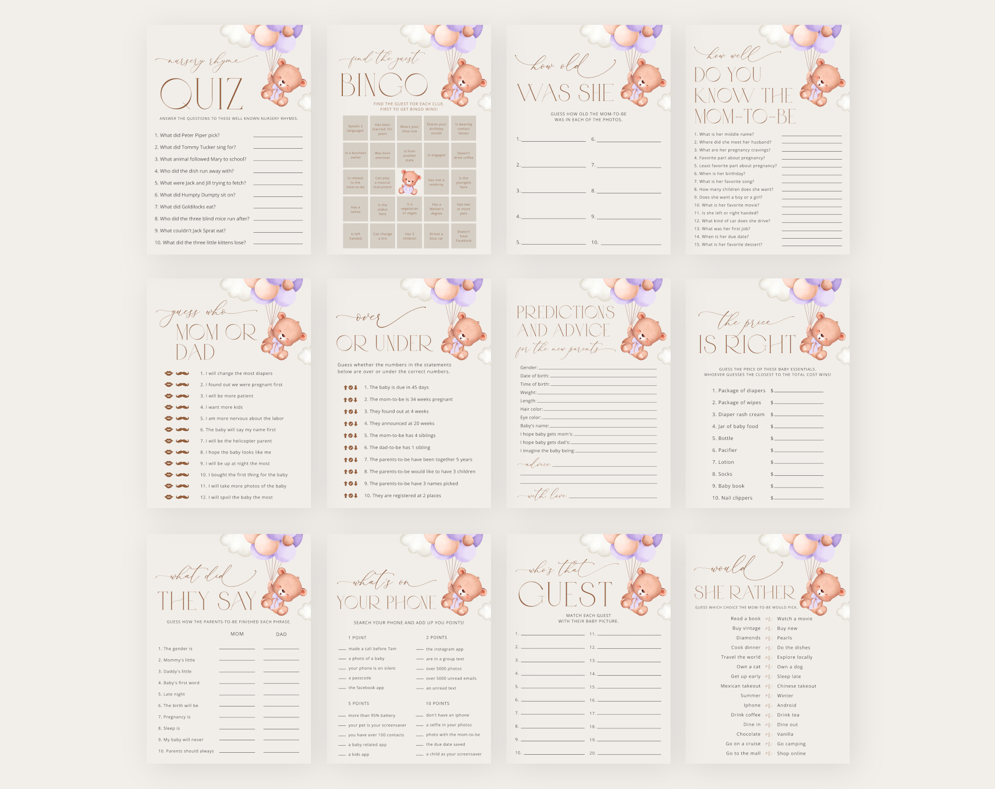 Baby Bear with Purple Balloons Baby Shower Games Bundle, Set of 35 Games, Girl Baby Shower, Printable File, Edit Yourself, SH61