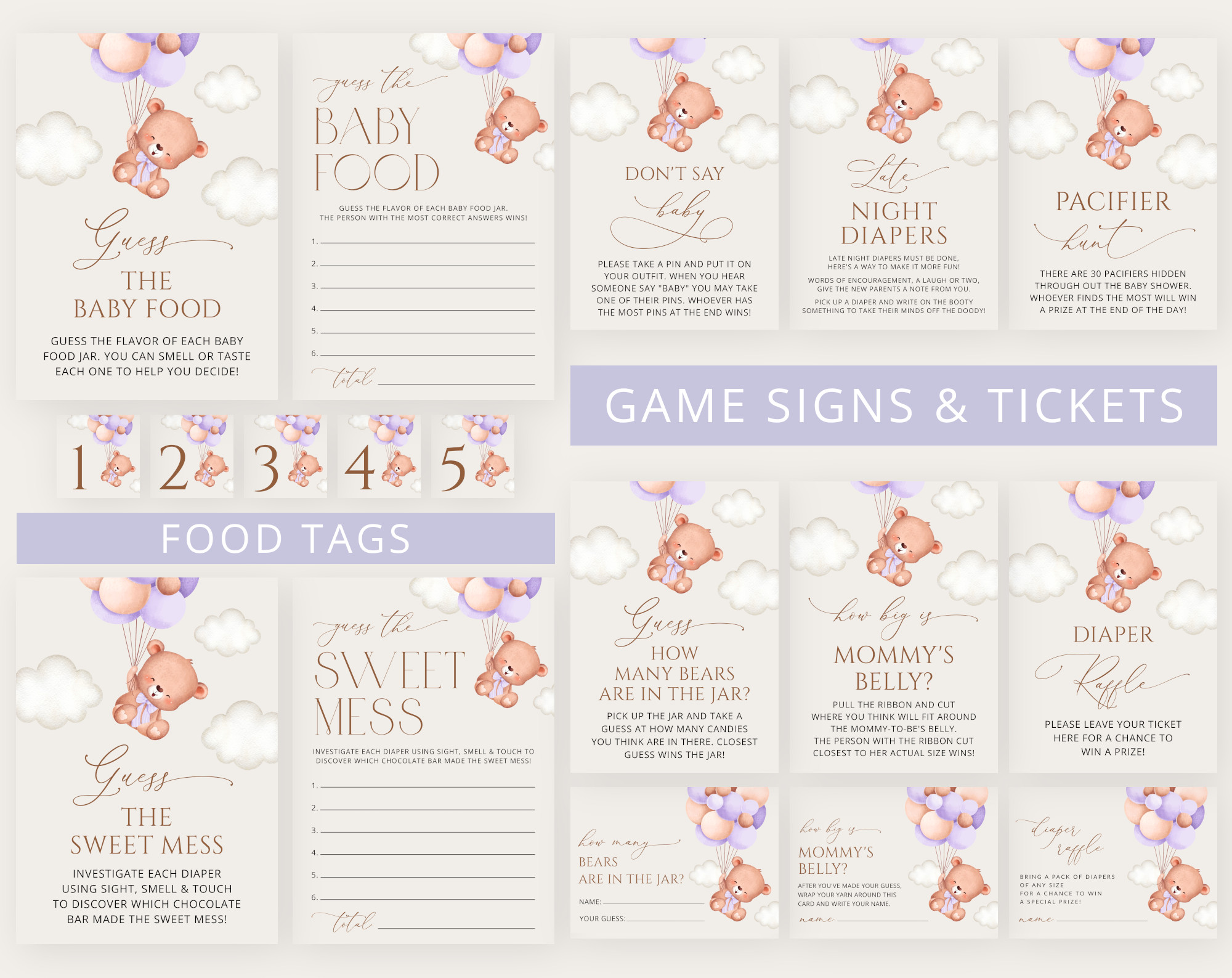 Baby Bear with Purple Balloons Baby Shower Games Bundle, Set of 35 Games, Girl Baby Shower, Printable File, Edit Yourself, SH61