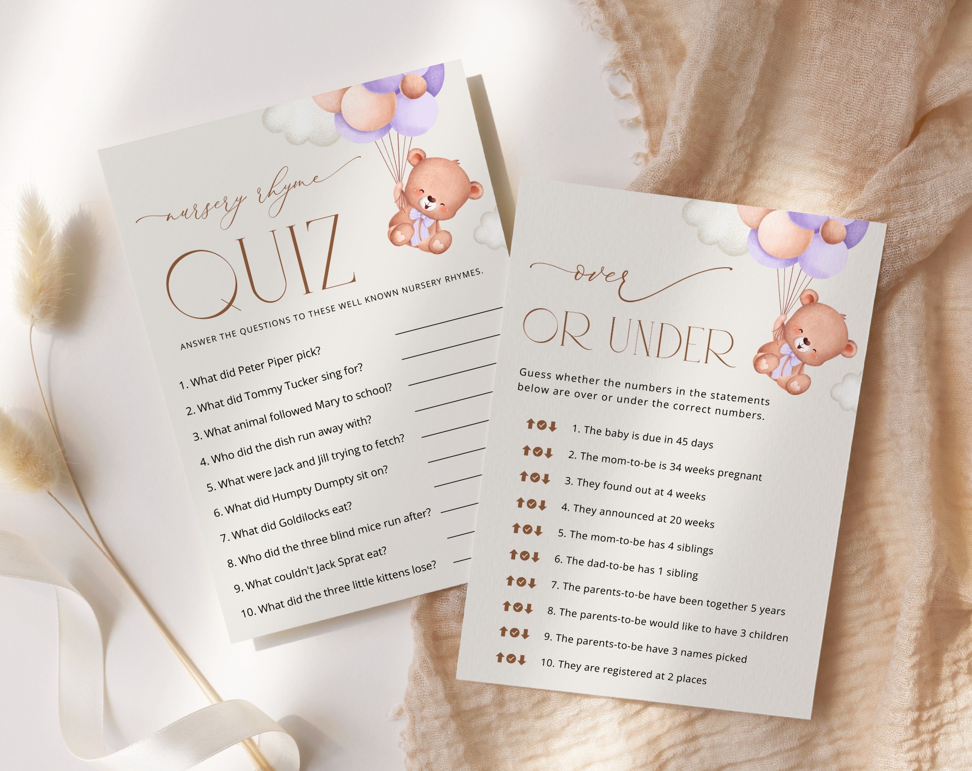 Baby Bear with Purple Balloons Baby Shower Games Bundle, Set of 35 Games, Girl Baby Shower, Printable File, Edit Yourself, SH61