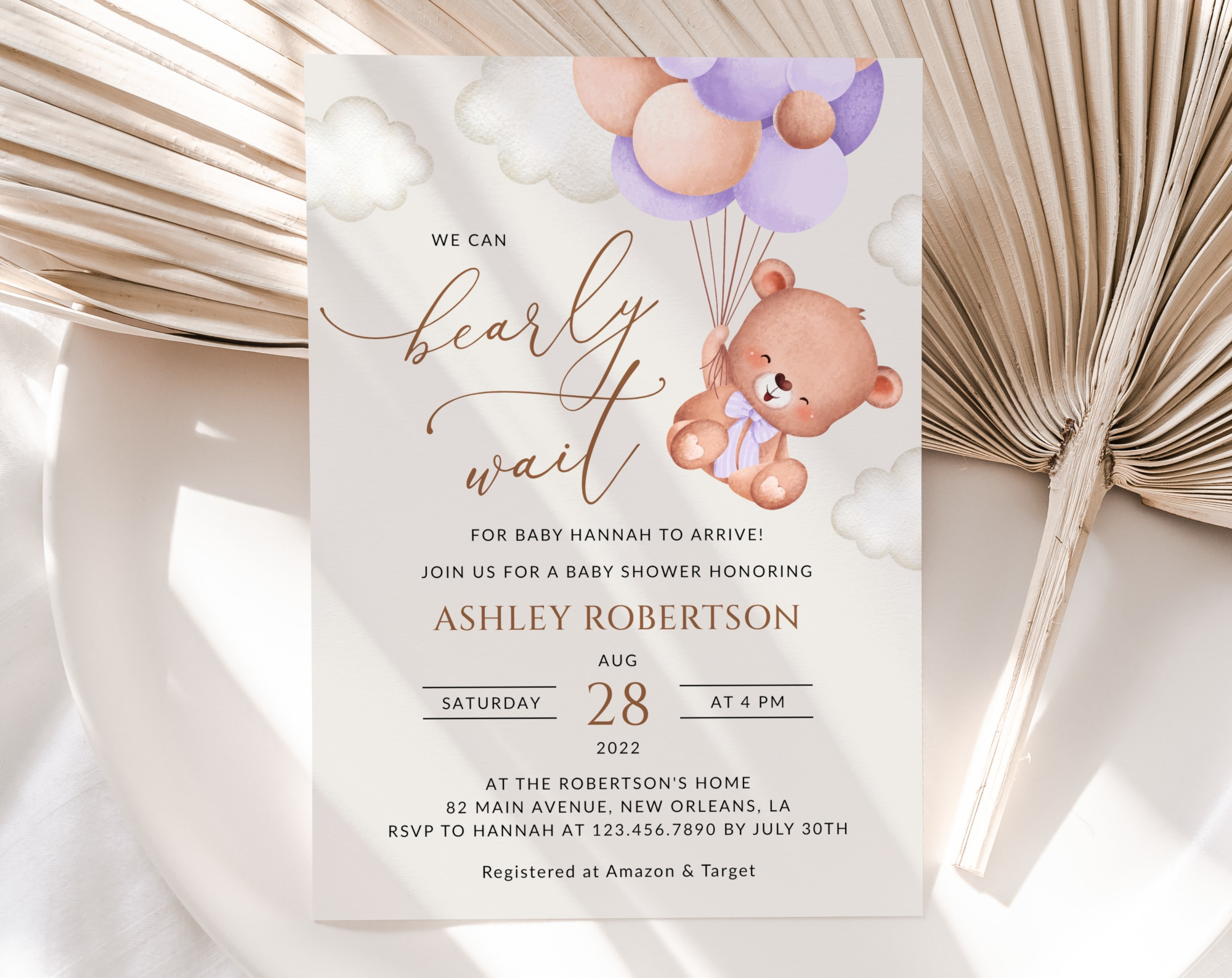 Baby Bear with Purple Balloons Baby Shower Invitation, Girl Baby Shower, Printable File, Edit Yourself, SH61 Baby Bear with Purple Balloons Baby Shower Invitation, Girl Baby Shower, Printable File, Edit Yourself, SH61