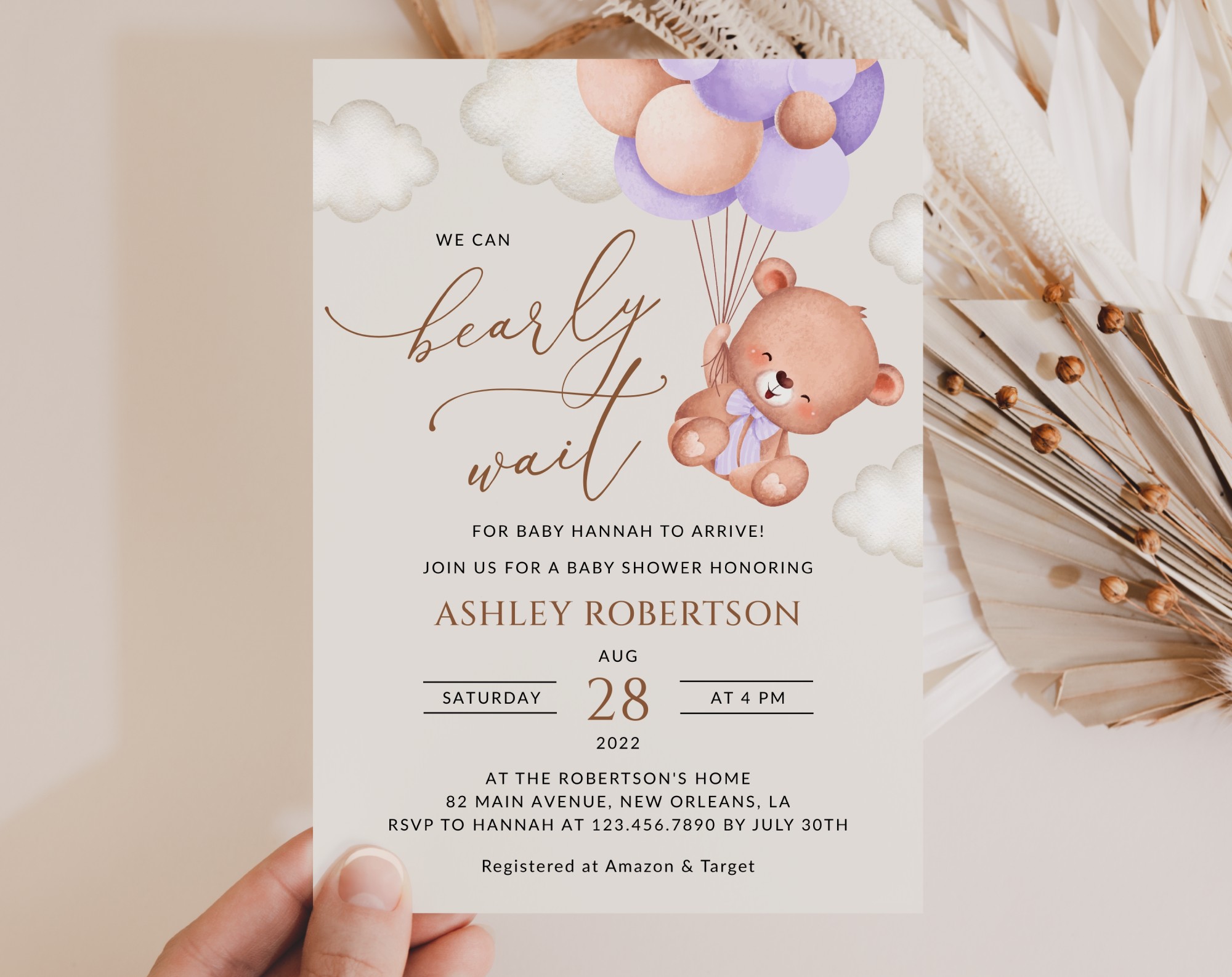 Baby Bear with Purple Balloons Baby Shower Invitation, Girl Baby Shower, Printable File, Edit Yourself, SH61 Baby Bear with Purple Balloons Baby Shower Invitation, Girl Baby Shower, Printable File, Edit Yourself, SH61