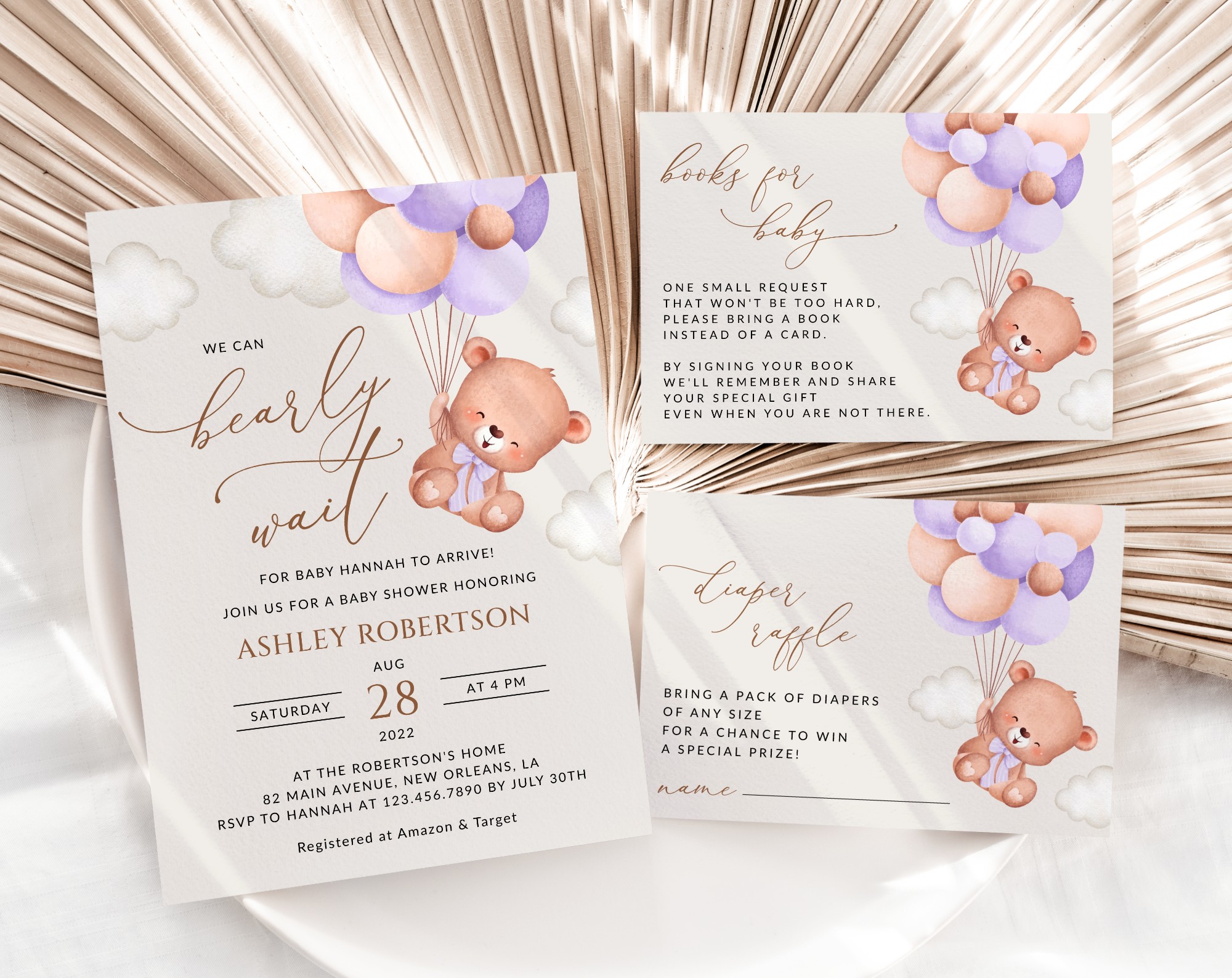 Baby Bear with Purple Balloons Baby Shower Invitation Suite, Girl Baby Shower, Printable File, Edit Yourself, SH61 Baby Bear with Purple Balloons Baby Shower Invitation Suite, Girl Baby Shower, Printable File, Edit Yourself, SH61