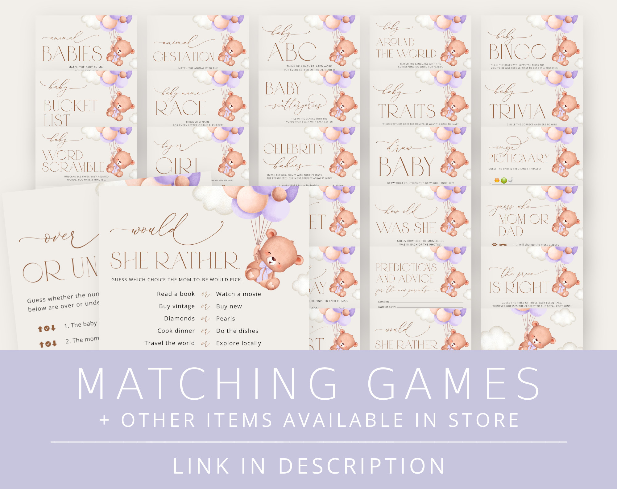 Baby Bear with Purple Balloons Baby Shower Games Bundle, Set of 35 Games, Girl Baby Shower, Printable File, Edit Yourself, SH61