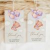 Baby Bear with Purple Balloons Favor Tags, Gift Tags, Party Tags, Girl Baby Shower, Printable File, Edit Yourself, SH61