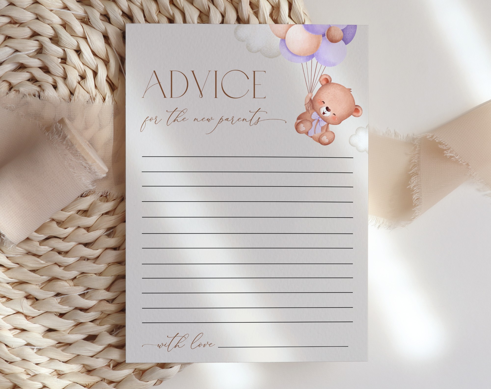 Baby Bear with Purple Balloons Baby Shower Games, Set of 3 Games, Advice Predictions Wishes, Girl Baby Shower, Printable File, Edit Yourself, SH61