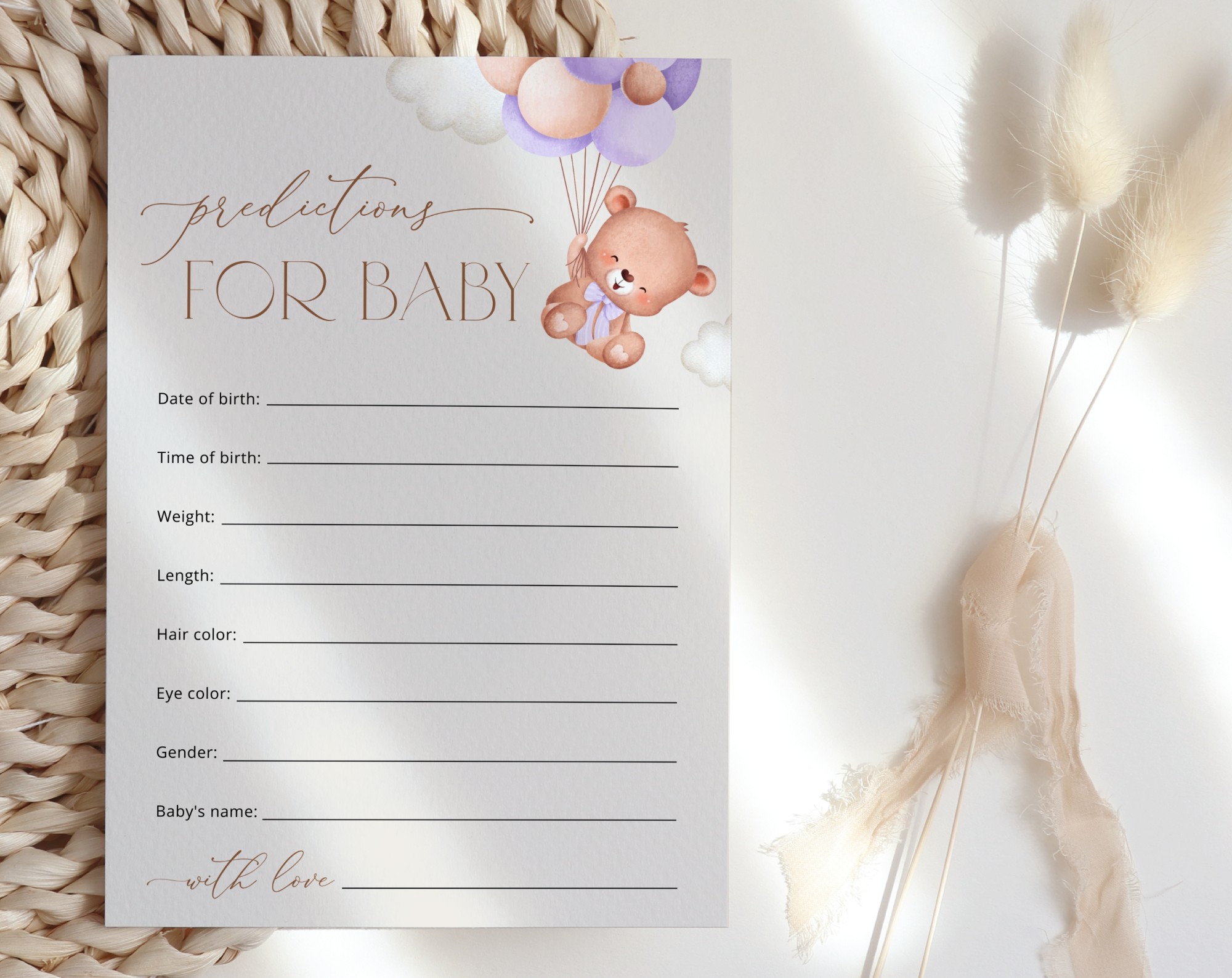 Baby Bear with Purple Balloons Baby Shower Games, Set of 3 Games, Advice Predictions Wishes, Girl Baby Shower, Printable File, Edit Yourself, SH61