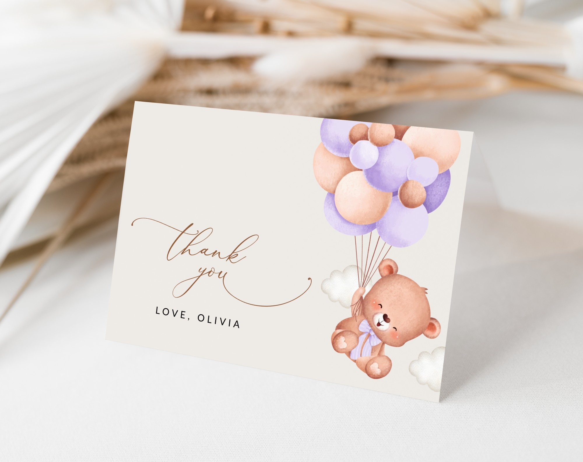 Baby Bear with Purple Balloons Thank You Card, Girl Baby Shower, Printable File, Edit Yourself, SH61