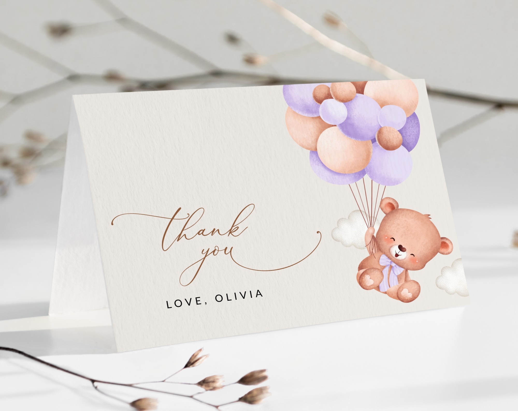 Baby Bear with Purple Balloons Thank You Card, Girl Baby Shower, Printable File, Edit Yourself, SH61 Baby Bear with Purple Balloons Thank You Card, Girl Baby Shower, Printable File, Edit Yourself, SH61
