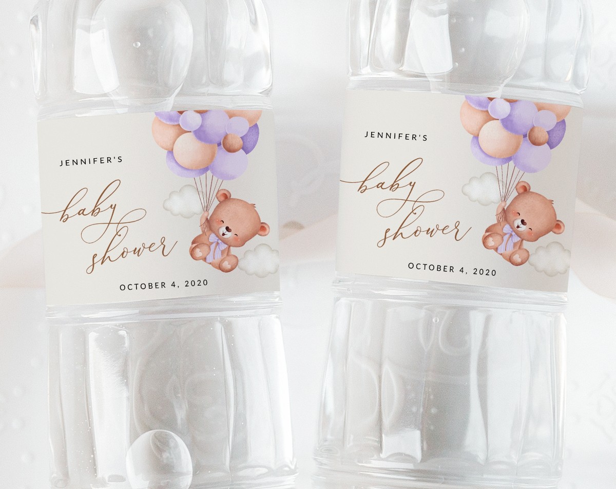 Baby Bear with Purple Balloons Water Bottle Labels, Baby Shower Decoration, Girl Baby Shower, Printable File, Edit Yourself, SH61 Baby Bear with Purple Balloons Water Bottle Labels, Baby Shower Decoration, Girl Baby Shower, Printable File, Edit Yourself, SH61