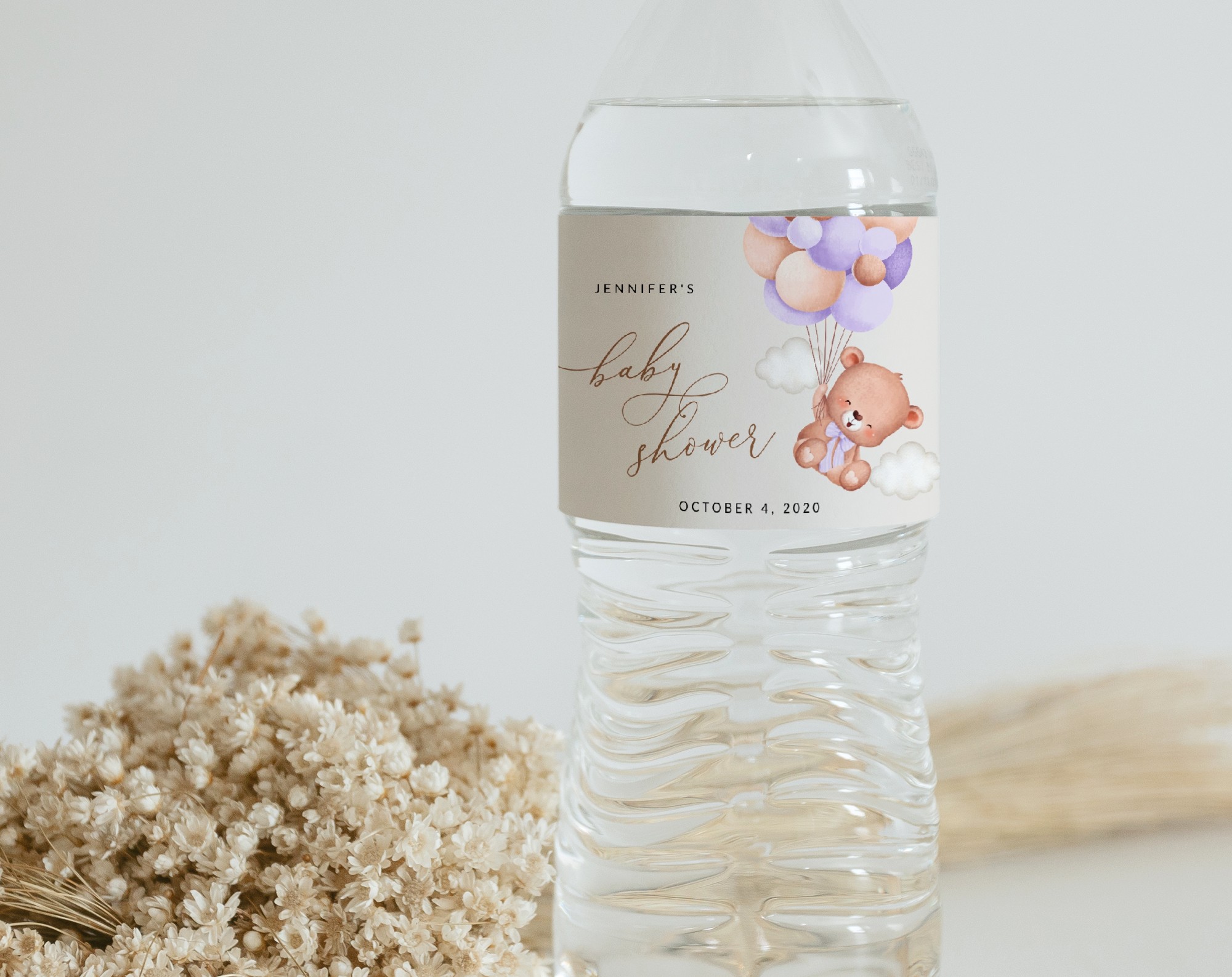 Baby Bear with Purple Balloons Water Bottle Labels, Baby Shower Decoration, Girl Baby Shower, Printable File, Edit Yourself, SH61 Baby Bear with Purple Balloons Water Bottle Labels, Baby Shower Decoration, Girl Baby Shower, Printable File, Edit Yourself, SH61