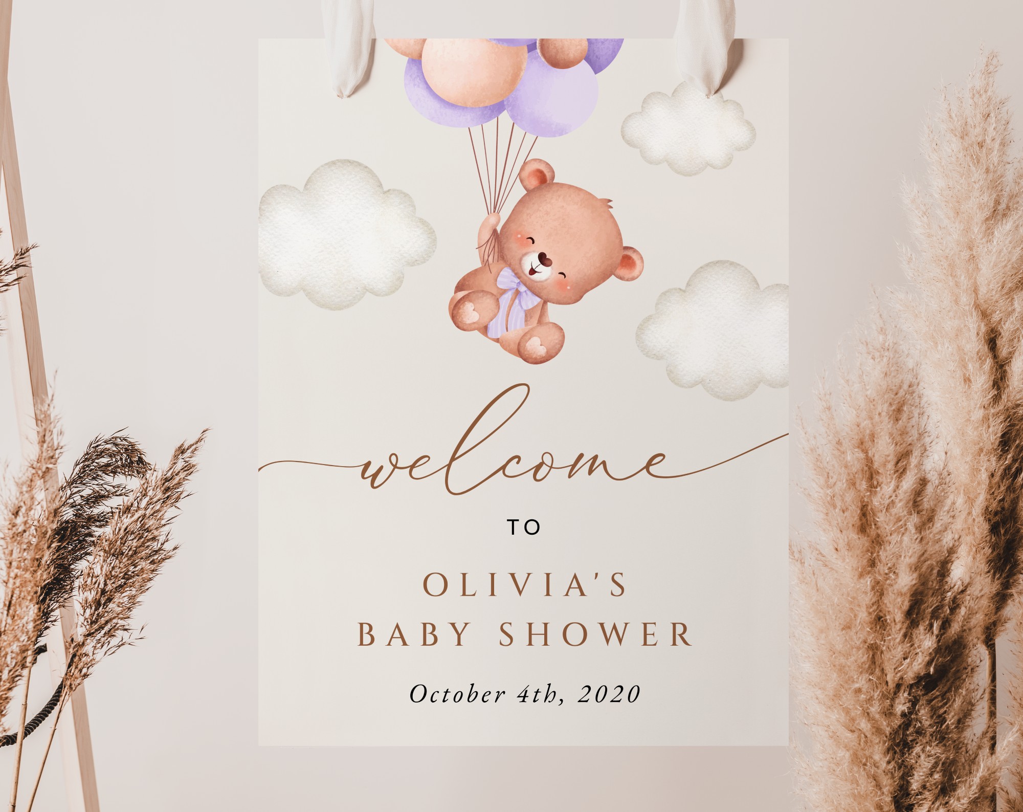 Baby Bear with Purple Balloons Welcome Sign, Baby Shower Sign, Girl Baby Shower, Printable File, Edit Yourself, SH61