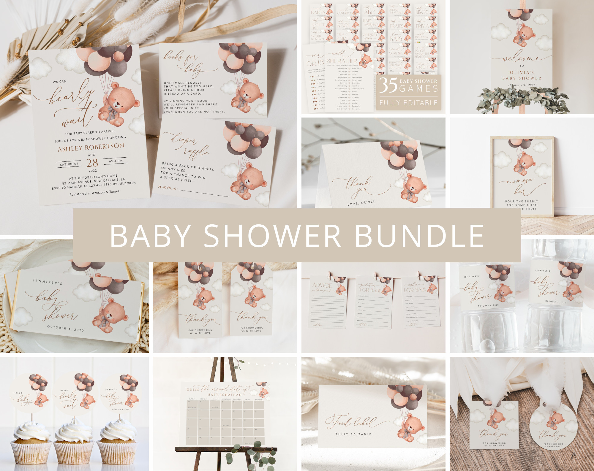 Baby Bear with Brown Balloons Baby Shower Bundle, Gender Neutral Baby Shower, Printable File, Edit Yourself, SH62 Baby Bear with Brown Balloons Baby Shower Bundle, Gender Neutral Baby Shower, Printable File, Edit Yourself, SH62