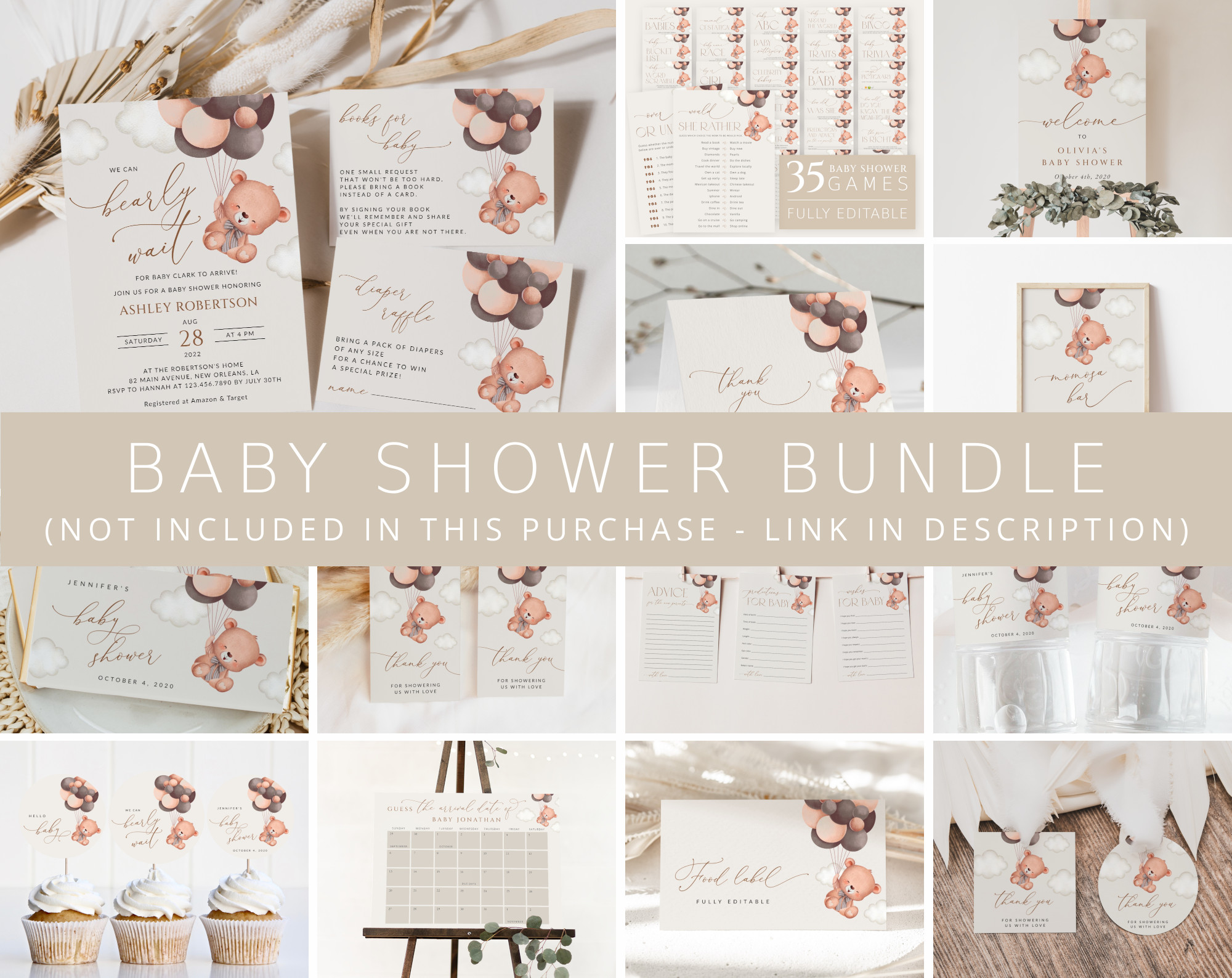 Baby Bear with Brown Balloons Baby Shower Bundle, Gender Neutral Baby Shower, Printable File, Edit Yourself, SH62